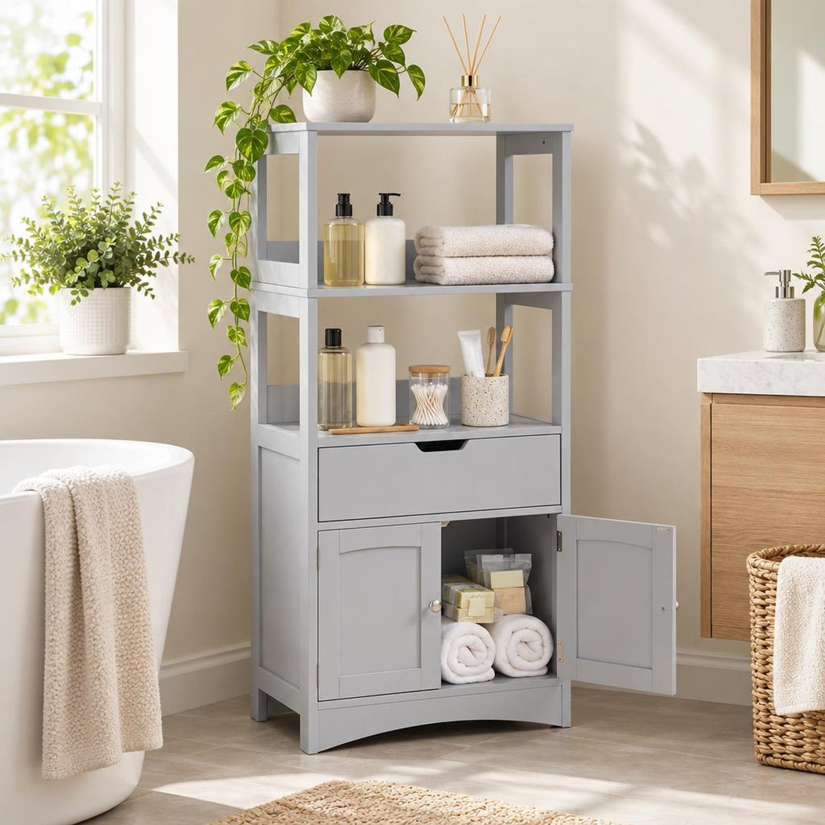 Airfind Bathroom Storage Cabinet with Open Shelves and Drawer, 110 lbs Capacity, Engineered Wood Frame, 24in x 13in x 48in Footprint, Grey