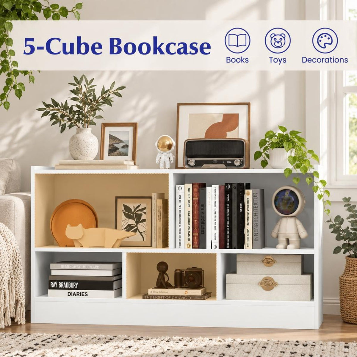 Airfind Kids 5-Cube Bookcase and Toy Storage Organizer, 2-Tier Low Shelf, 44 Inches Wide, for Playroom and Bedroom, White