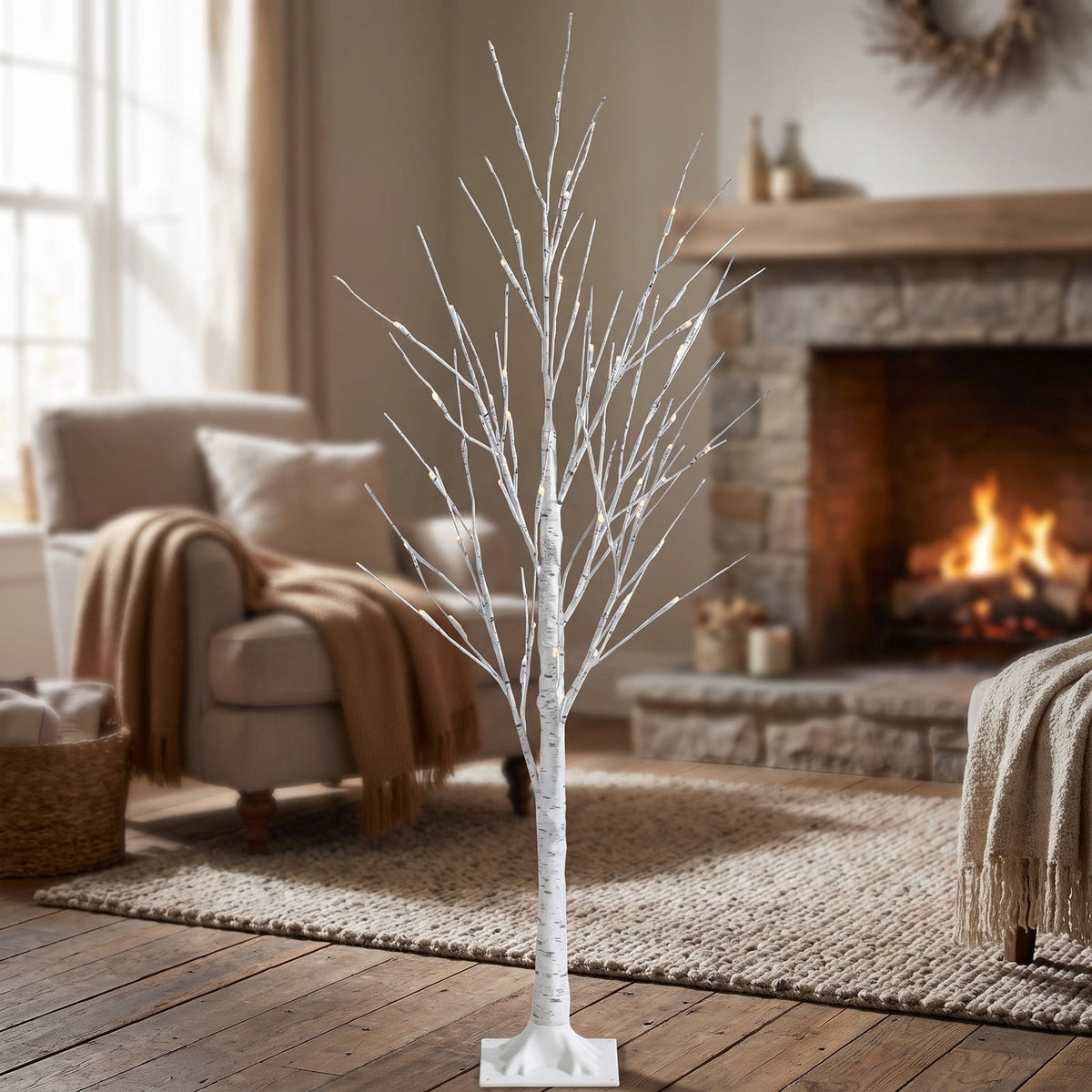 Airfind Pre-lit White Twig Birch Tree for Christmas Holiday with LED Lights-4 ft, metal plastic Height: 4/5/6 ft Frame, White