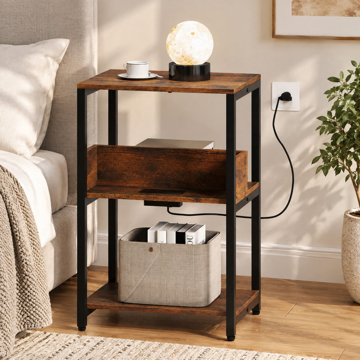 Airfind Side End Table with Charging Station and Open Shelves, 66 lbs Capacity, Engineered Wood Metal Frame, 16 x 12 x 24 Footprint, Brown