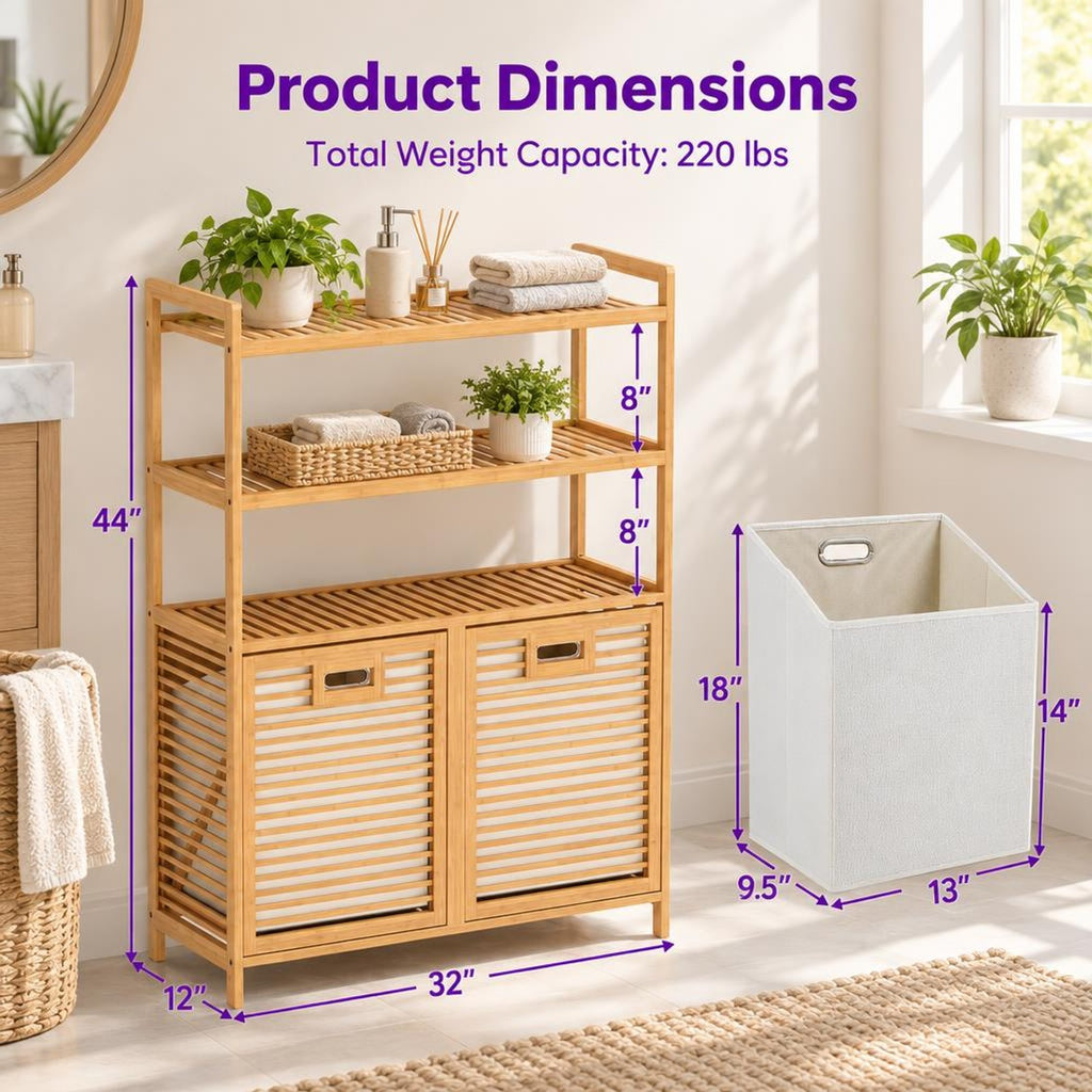 Airfind Double Tilt Out Laundry Hamper with 3 Shelves and 2 Removable Baskets for Dirty Clothes, 220 lbs Capacity, 32in x 12in x 44in Laundry Footprint