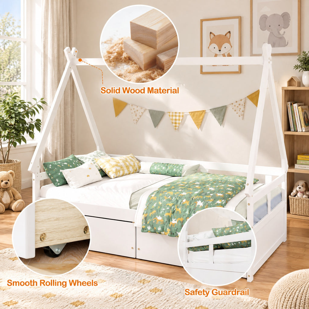 Airfind Twin Size House Bed with Roof and Safety Guardrail, Solid Wood MDF Plywood, Net Weight 83 Lbs for Convenient Everyday Use, White