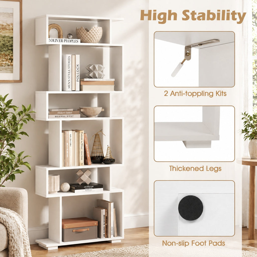 Airfind 6-Tier Geometric Bookshelf with 2 Anti-Tipping Kits for Home Office, 11 lbs Capacity, Engineered Wood Frame, 24 x 8 x 64 Footprint, White