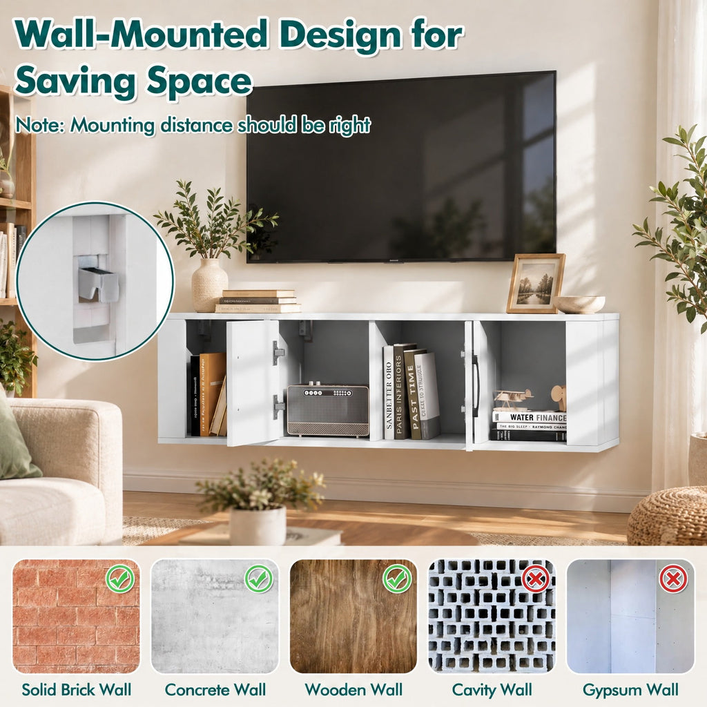Airfind Wall Mounted Floating 2 Door Desk Hutch Storage Shelves, 132 lbs Capacity, Engineered Wood MDF Frame, 42.5 x 13 x 12 Footprint, White