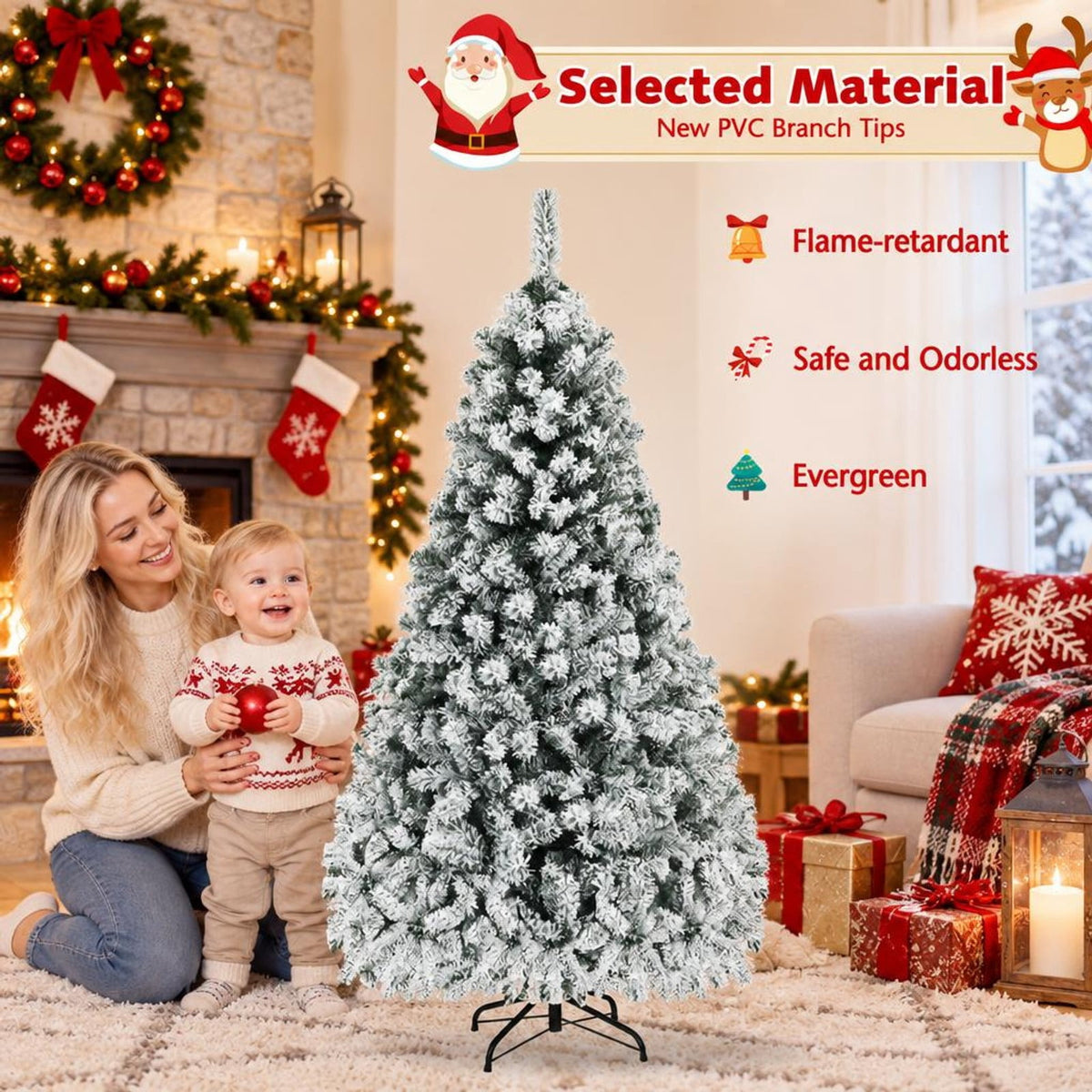 Airfind Pre-lit Snow-flocked Christmas Tree 6 Ft with Hinged PVC Branches and Metal Stand for Indoor Holiday Decor, White