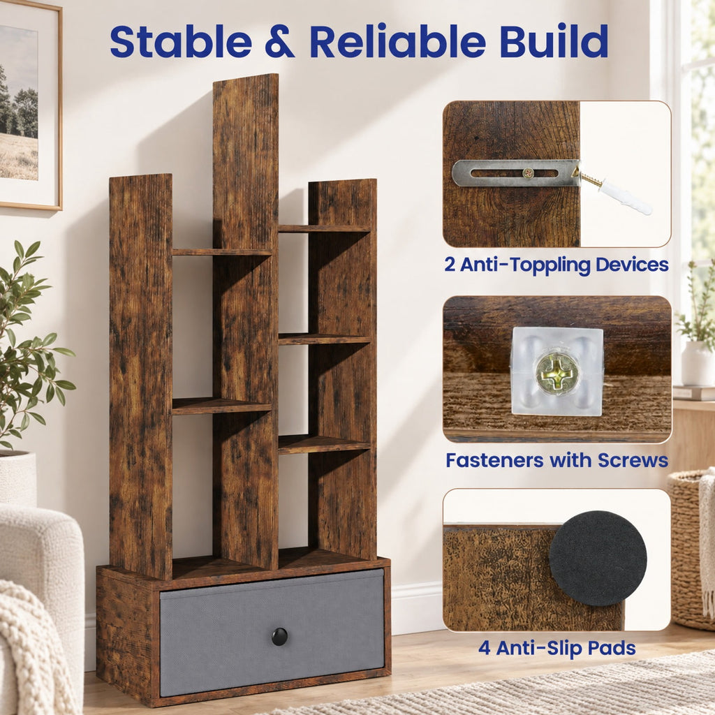 Airfind 7-Tier Open-Back Bookshelf with Drawer, 33 lbs Capacity, Engineered wood Frame, 21 Inch x 9.5 Inch x 47 Inch Footprint, Brown