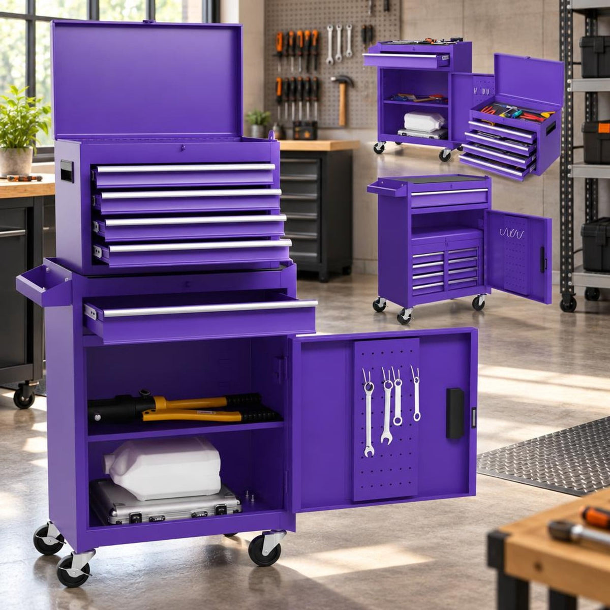 Airfind 2-in-1 Rolling Tool Chest with 5 Sliding Lockable Drawers, 220.5 lbs Capacity, Steel rubber-plastic synthetic Frame, Purple