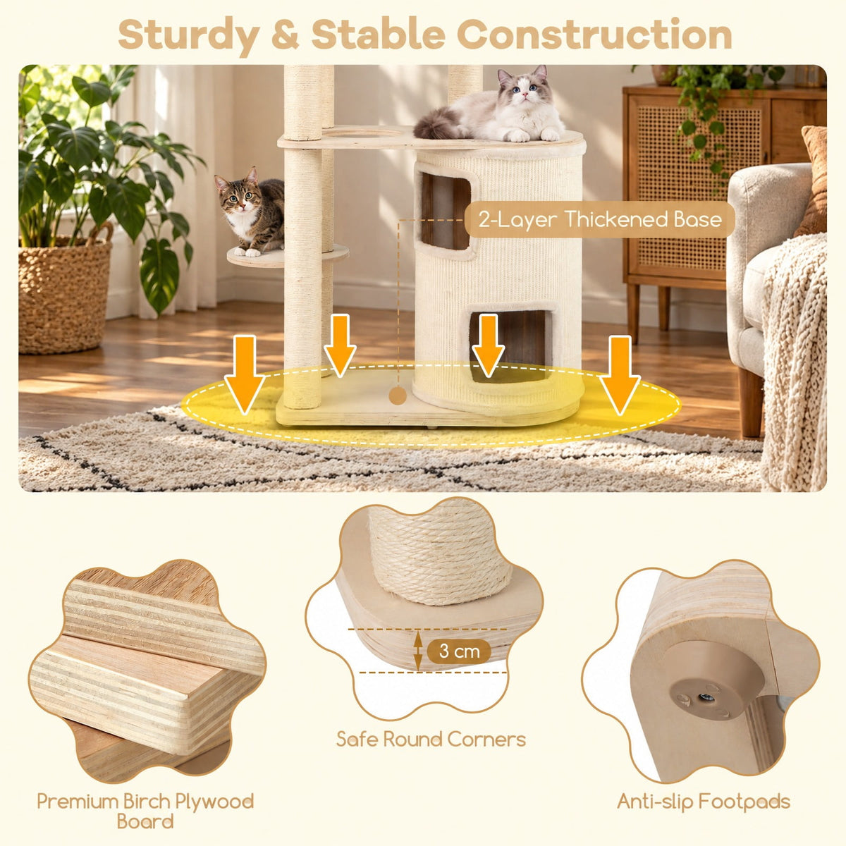 Airfind 60 Inches Tall Cat Tree with 2-Story Condo and Sisal Scratching Posts, 27.5 Inch x 15.5 Inch x 60 Inch Condo Footprint, Natural