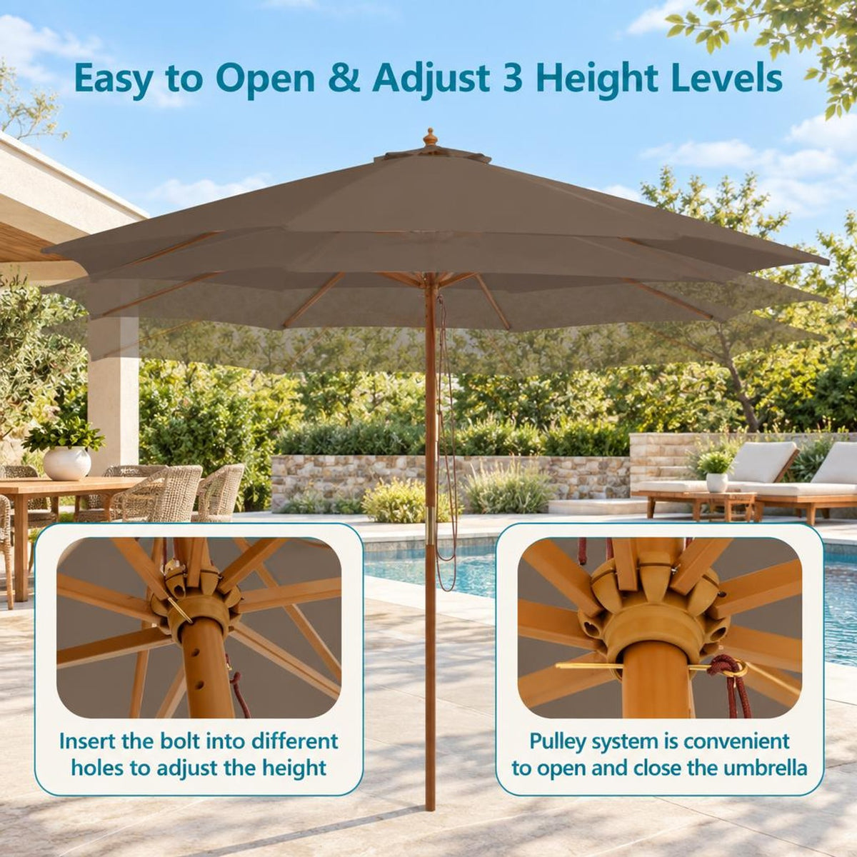 Airfind 10 Feet Patio Umbrella with 8 Wooden Ribs and 3 Adjustable Heights, 180G polyester fabric PP bamboo wood Frame, Brown