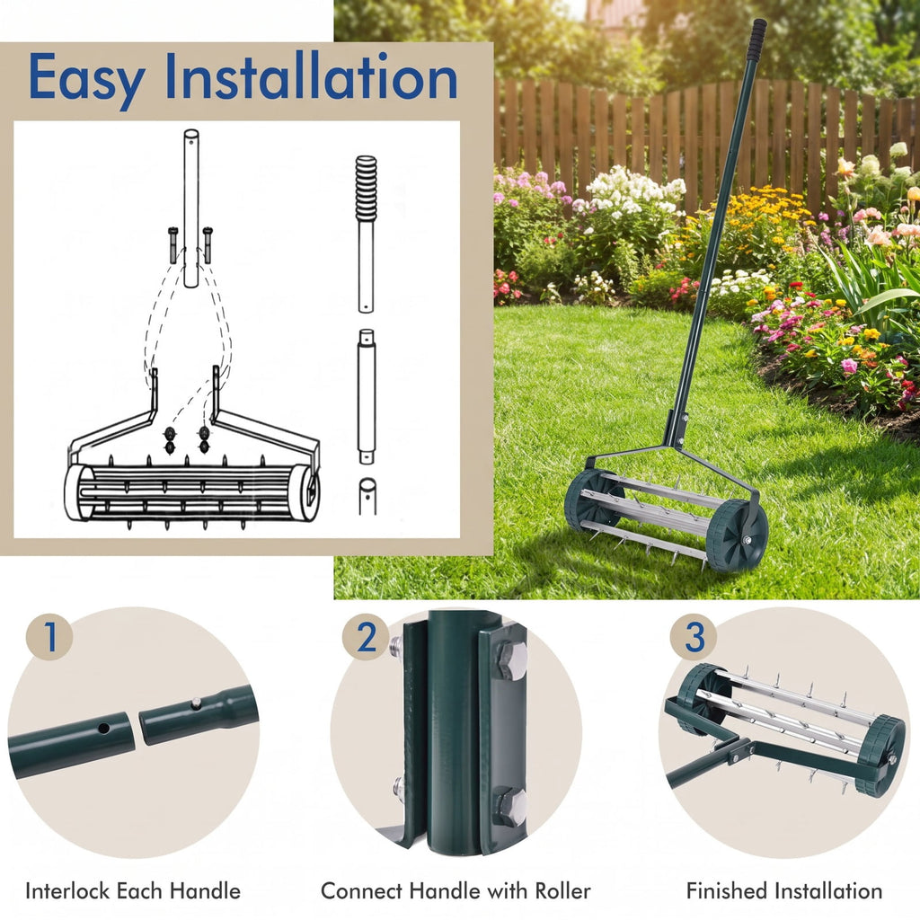 Airfind 18 Inch Rolling Lawn Aerator with Anti, Steel rubber PP Frame, 18 Inch x 8 Inch x 50 Inch Footprint, Green