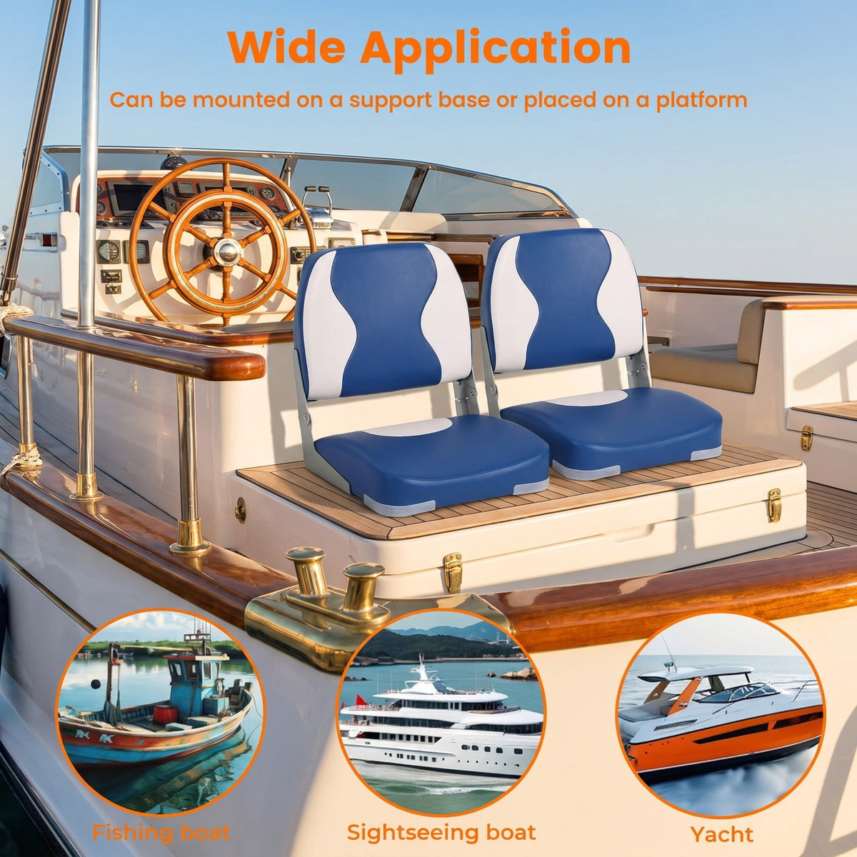 Airfind Folding Low Back Boat Seats 2 Pack with Thick Sponge Padding and Aluminum Hinges for Fishing and Cabin Boats, Blue and White