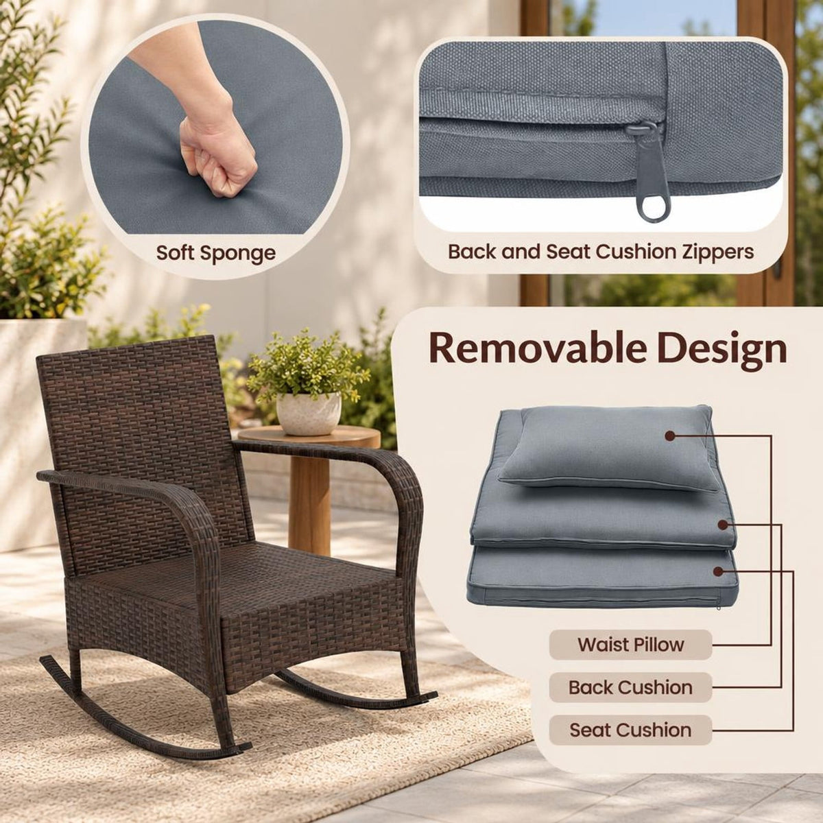 Airfind 3 Piece Outdoor Rocking Set with Tempered Glass Coffee Table for Backyard Poolside, PE Rattan Metal Tempered Glass Polyester Sponge Frame