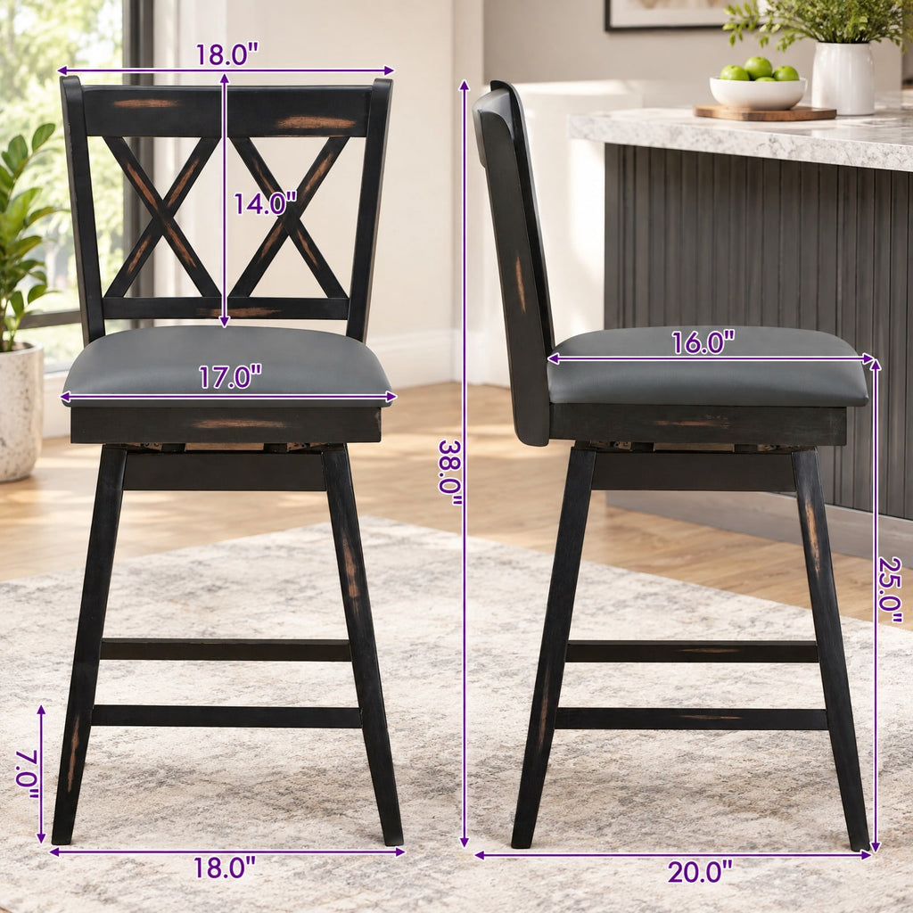 Airfind 2 Pieces 24 Inch Swivel Counter Height Barstool Set with Rubber Wood Legs, 264 lbs Capacity, PVC High density sponge rubber wood Frame