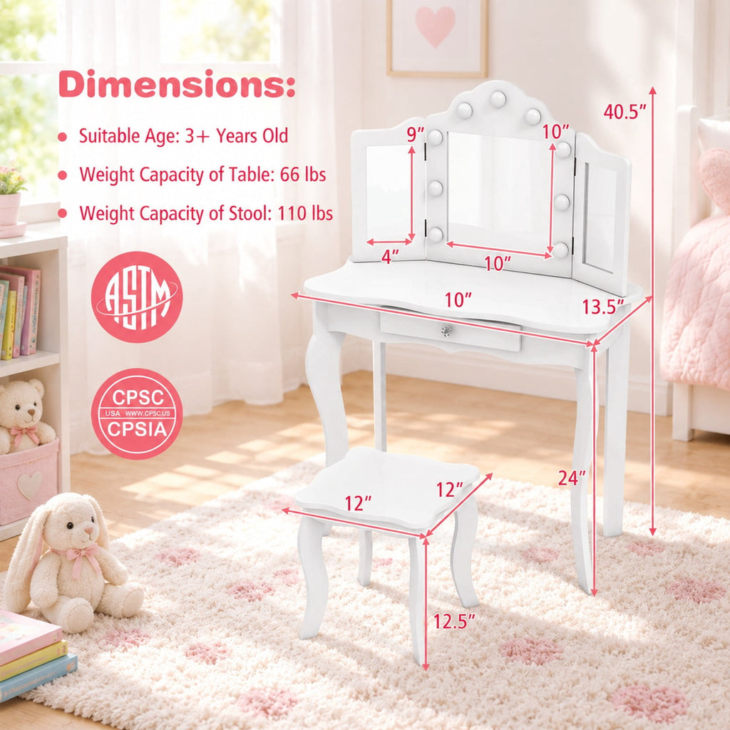 Airfind Kid Vanity Table Stool Set with Tri-Folding Mirror and 3-Color LED Lights, 66 lbs Capacity, P2 MDF Glass Frame, for 3+ Years Old, White