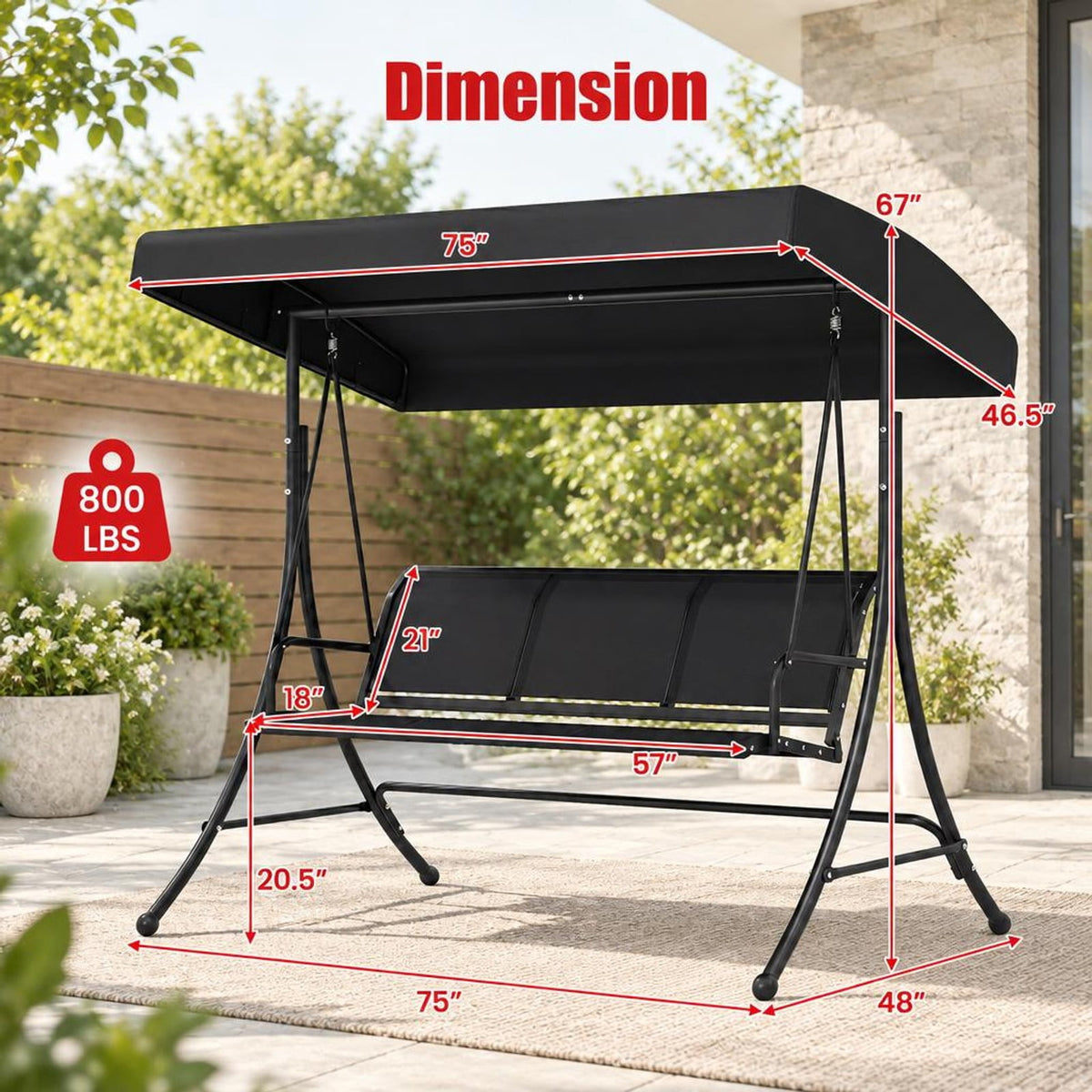 Airfind 3-Seat Patio Swing Chair with Adjustable Canopy, 800 lbs Capacity, Metal Frame, 75 Inch x 48 Inch x 67 Inch Footprint, Black