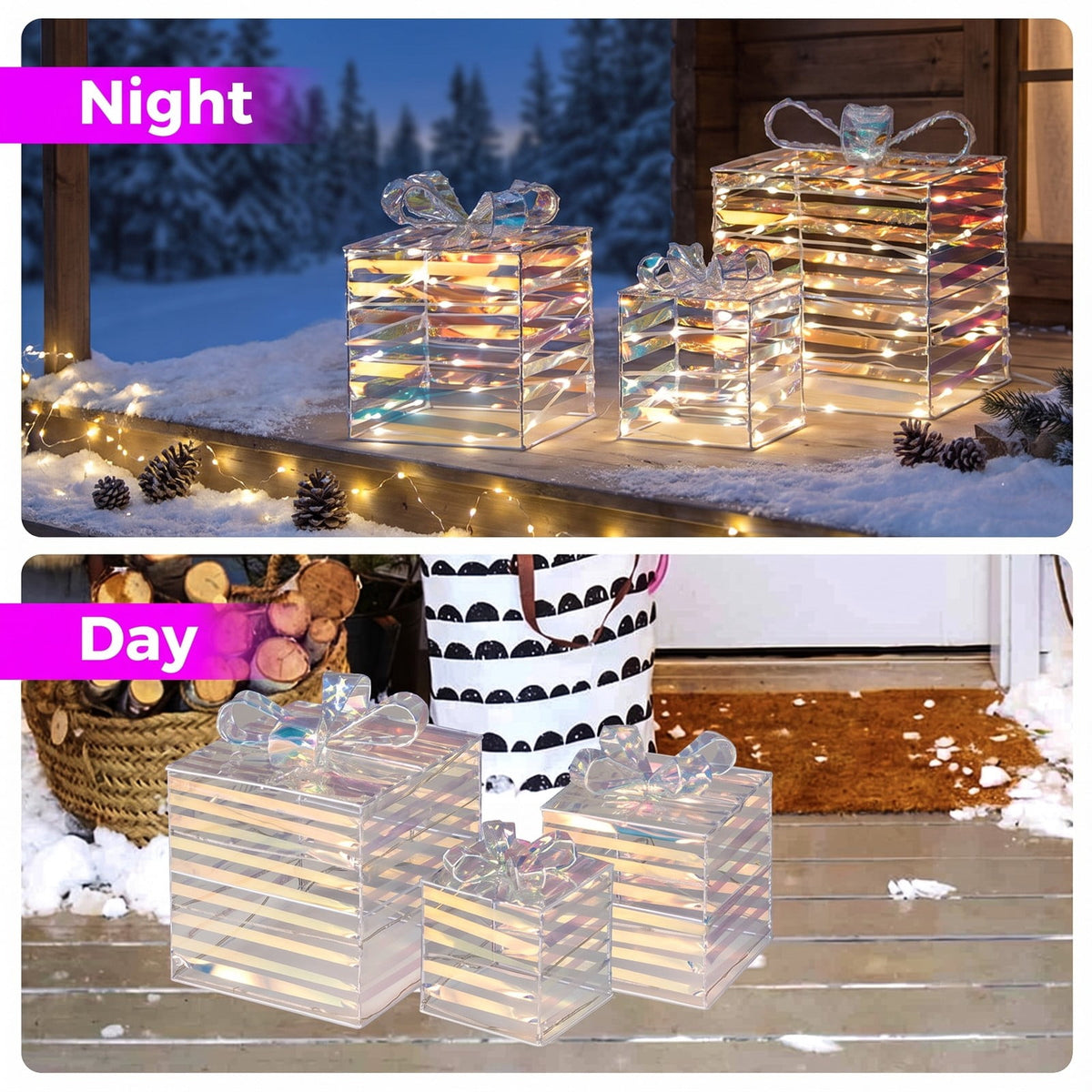Airfind Set of 3 Christmas Lighted Gift Boxes with Bows and Plug, PVC Metal Frame, 10 Inch x 10 Inch x 10 Inch Footprint, of Light White