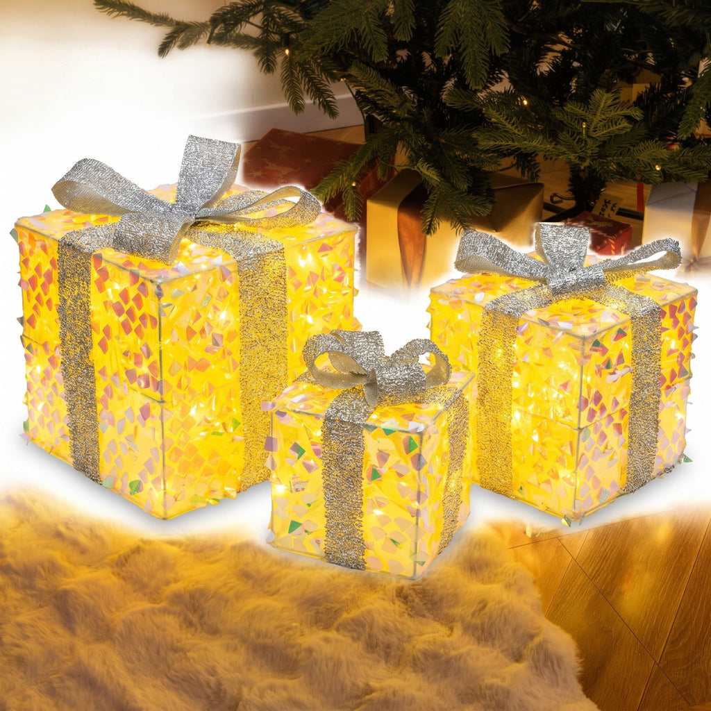Airfind Set of 3 Christmas Lighted Gift Boxes with Pre-lit 90 LED Light and Bows, PVC Polyester Metal Frame, 10 x 10 x 10 Footprint
