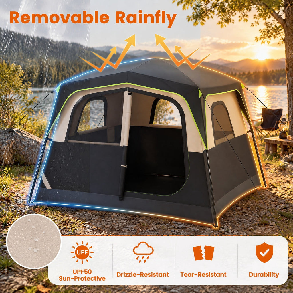 Airfind 6-Person Camping Tent Easy Setup Family Cabin Tent with Top Rainfly Mesh Windows, Fabric Fiberglass Metal Frame, 10 x 9 x 7 ft Footprint
