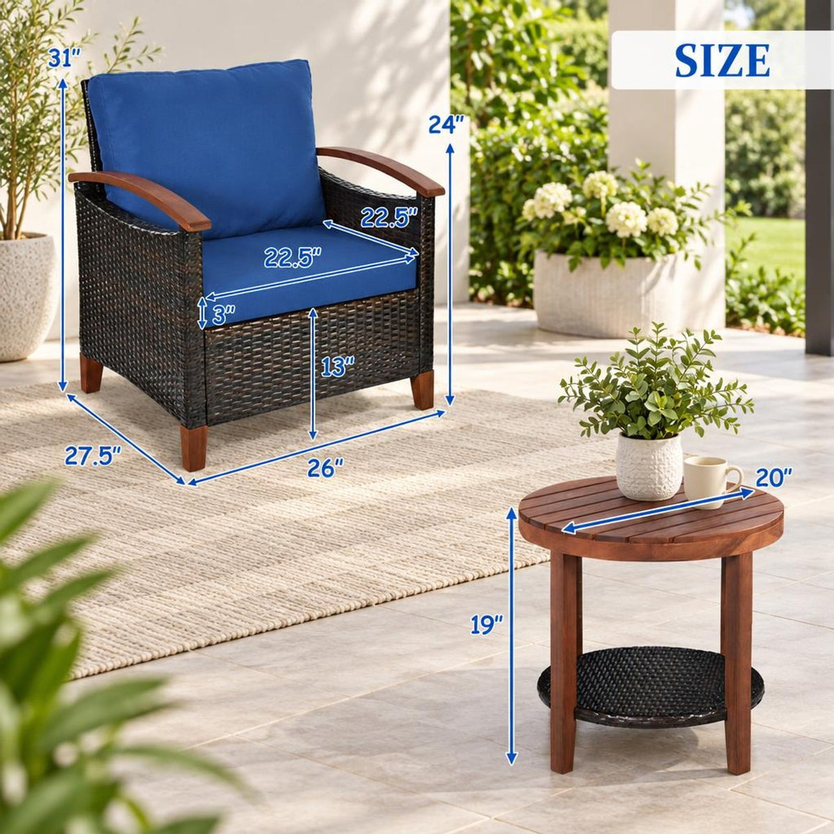 Airfind 3 Pieces Patio Rattan Furniture Set with Washable Cushion and Acacia Wood Tabletop, 360 lbs Capacity, 26 x 27.5 x 31 Footprint, Blue