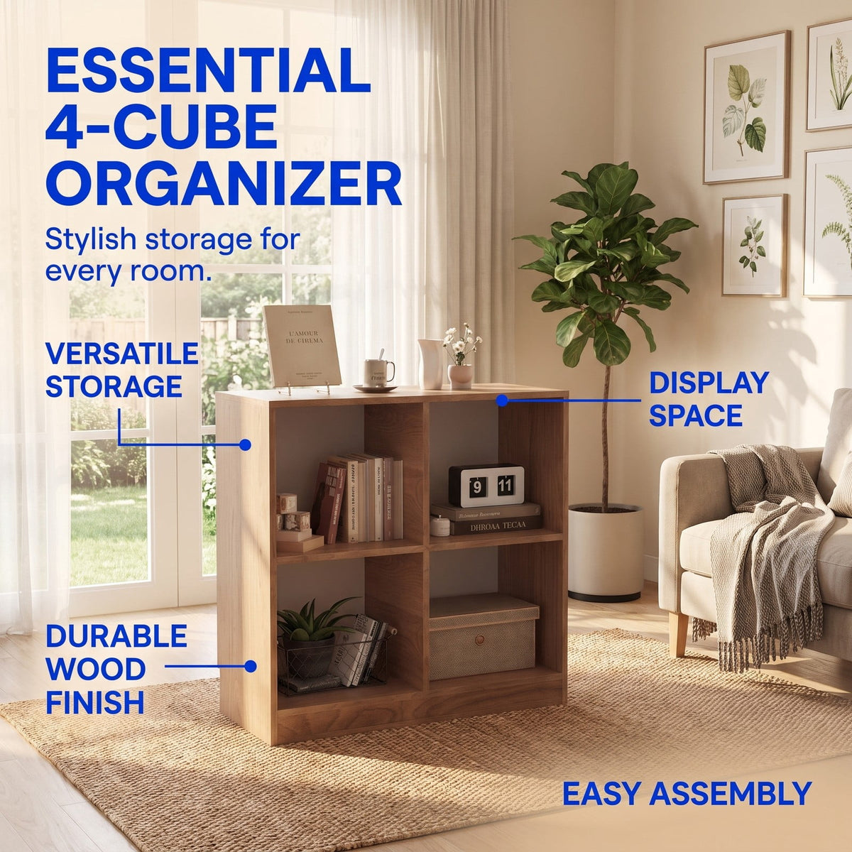 Airfind 4-Cube Youth Bookcase with Open Shelves, 60 Lbs Capacity, Engineered Wood, 29 Inch X 13 Inch X 29 Inch for Convenient Everyday Use, Natural