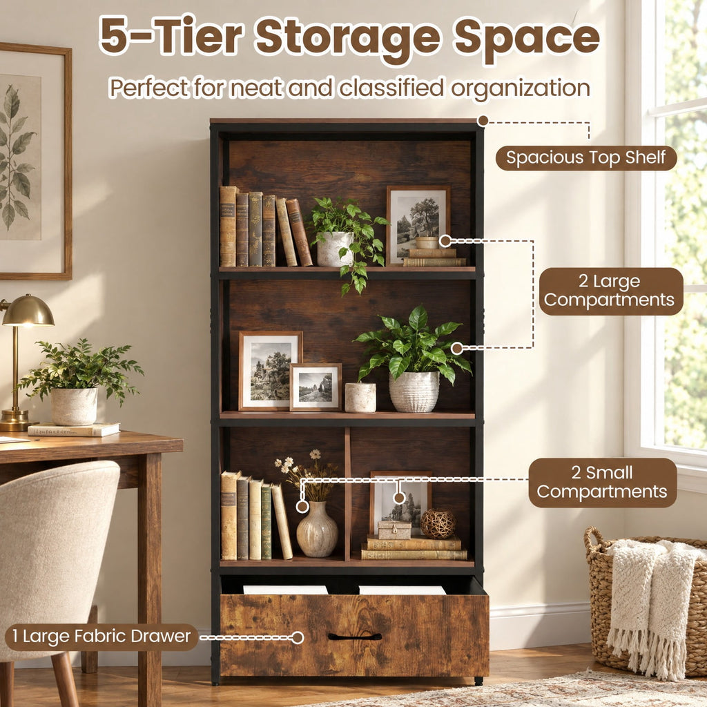 Airfind 56in Tall Freestanding Bookcase with Drawer 5 Tier, 44 lbs Capacity, Engineered Wood Metal Frame, 27in x 12in x 56in Footprint