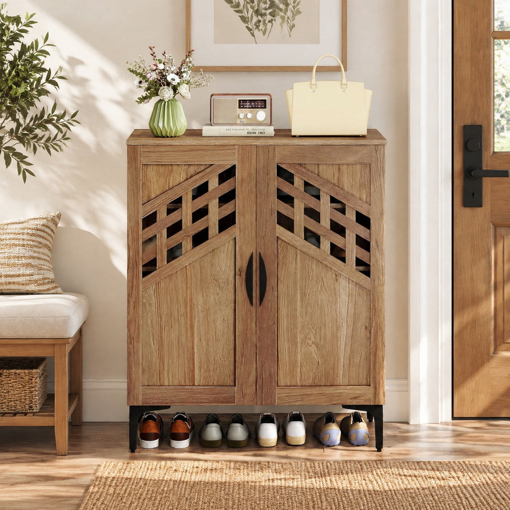 Airfind 4 Tier Farmhouse Shoe Storage Cabinet with Removable Shelves and Metal Legs, 180 lbs Capacity, Engineered Wood MDF Metal Frame, Walnut