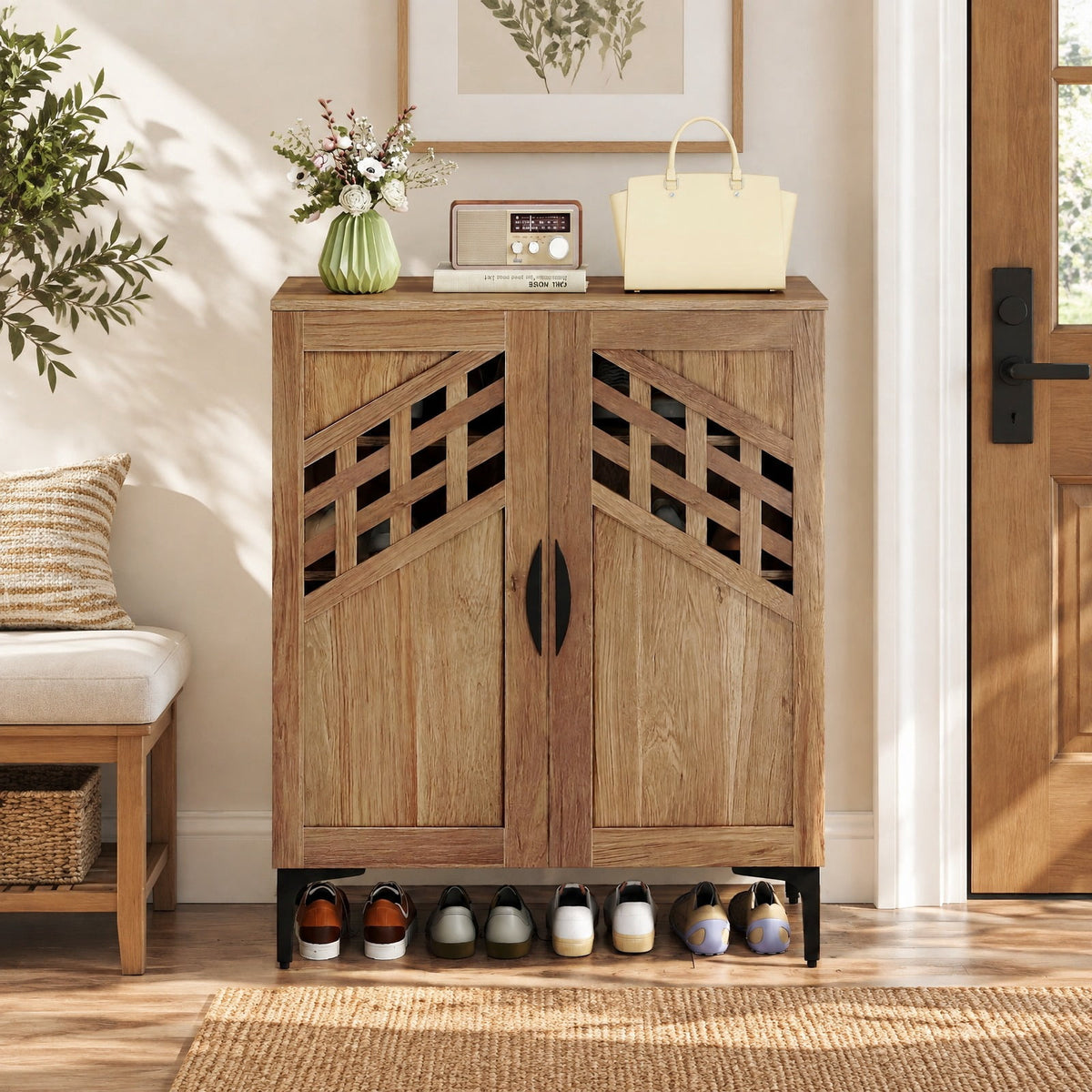 Airfind 4 Tier Farmhouse Shoe Storage Cabinet with Removable Shelves and Metal Legs, 180 lbs Capacity, Engineered Wood MDF Metal Frame, Walnut