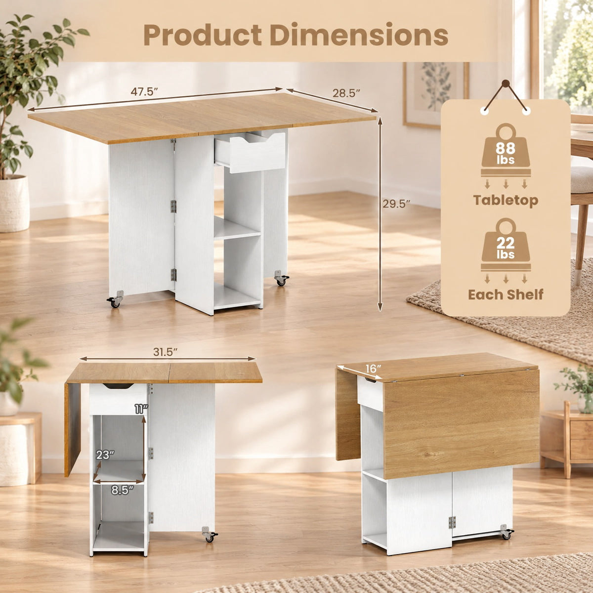Airfind 47.5 Inch Farmhouse Extendable Wooden Dinner Table with Lockable Wheels, 88 Lbs Each Shelf Capacity, Engineered Board MDF, Natural