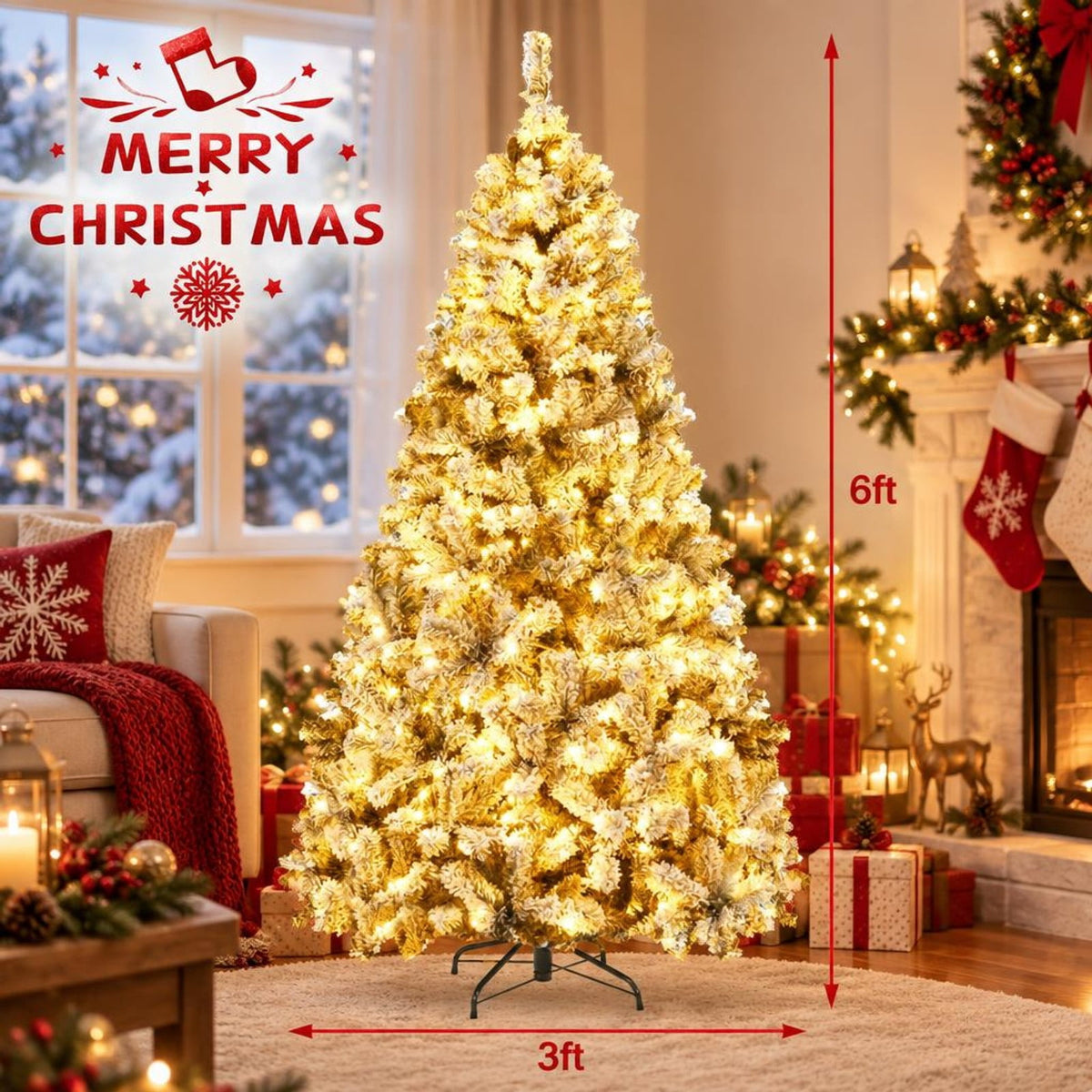 Airfind Pre-lit Snow-flocked Christmas Tree 6 Ft with Hinged PVC Branches and Metal Stand for Indoor Holiday Decor, White