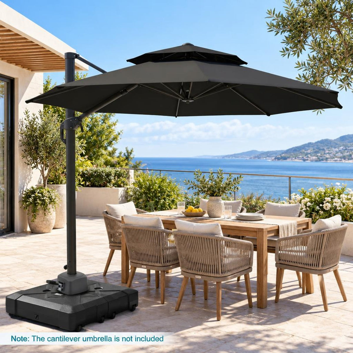 Airfind 34 Inch x 34 Inch Cantilever Patio Umbrella Base with 4 Wheels, HDPE Metal Frame, 34 Inch x 34 Inch x 8 Inch Crossed Base Footprint, Black