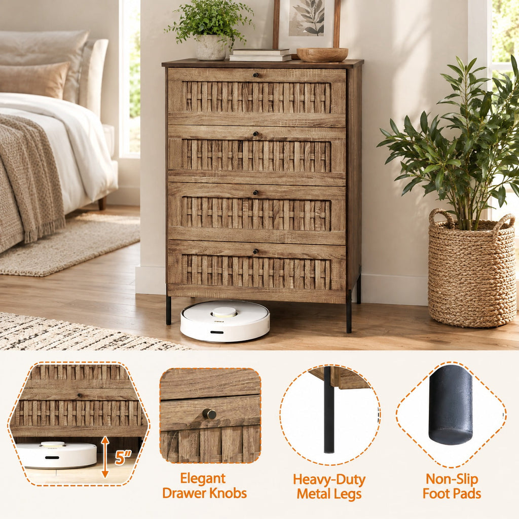 Airfind 4-Drawer Dresser with Interlocking Mechanism and Metal Legs for Bedroom, 155 lbs Capacity, Engineered Wood Metal Frame, Caramel Oak + Black