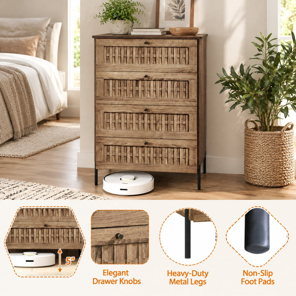 Airfind 4-Drawer Dresser with Interlocking Mechanism and Metal Legs for Bedroom, 155 lbs Capacity, Engineered Wood Metal Frame, Caramel Oak + Black