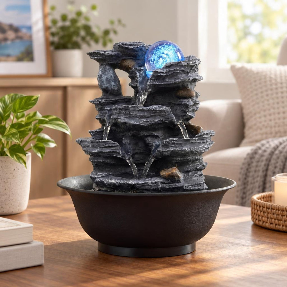 Airfind Tabletop Water Fountain with Rolling Crystal Ball and Color-Changing LED Light-B, PP Resin Fiberglass Style A Frame, 8.5 x 10.5 Footprint