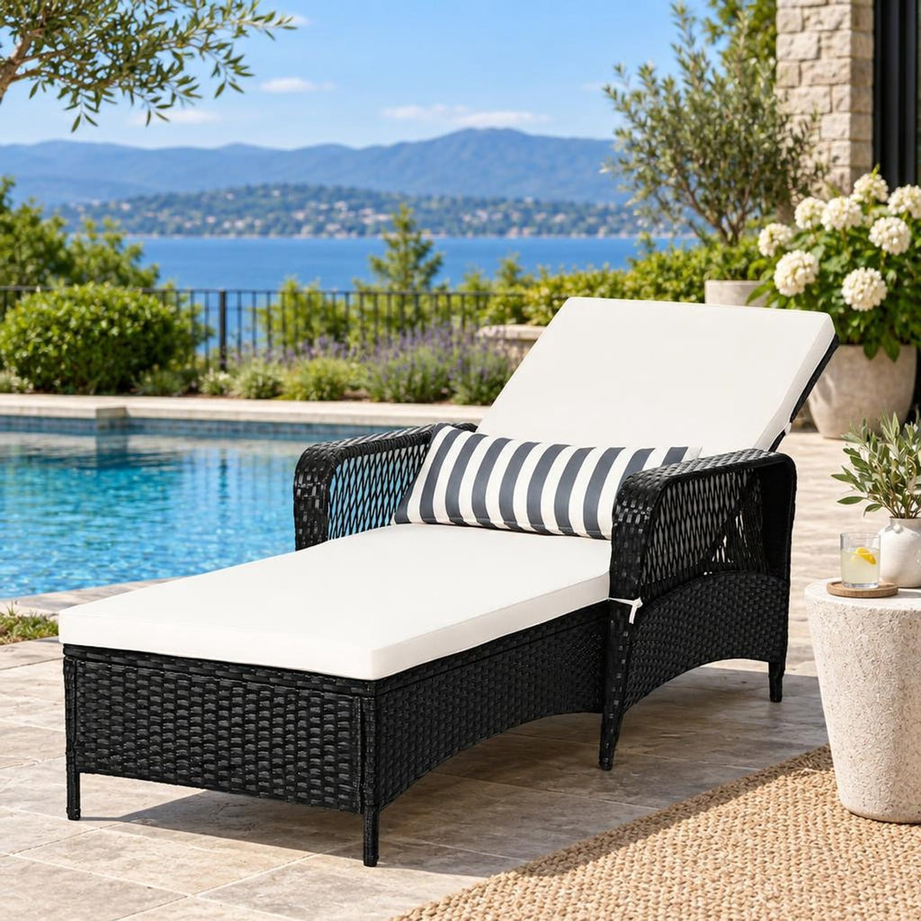 Airfind PE Rattan Armrest Chaise Lounge Chair with Adjustable Pillow, 400 lbs Capacity, Steel PE wicker rattan fabric foam Frame, White