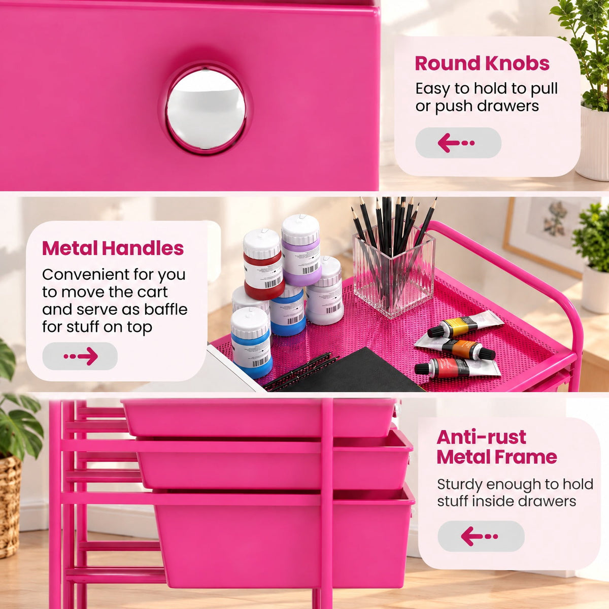 Airfind 12, Drawer Rolling Storage Cart with Removable Drawers and Lockable Wheels, Rose Red, Heavy, duty metal frame ensures excellent stability