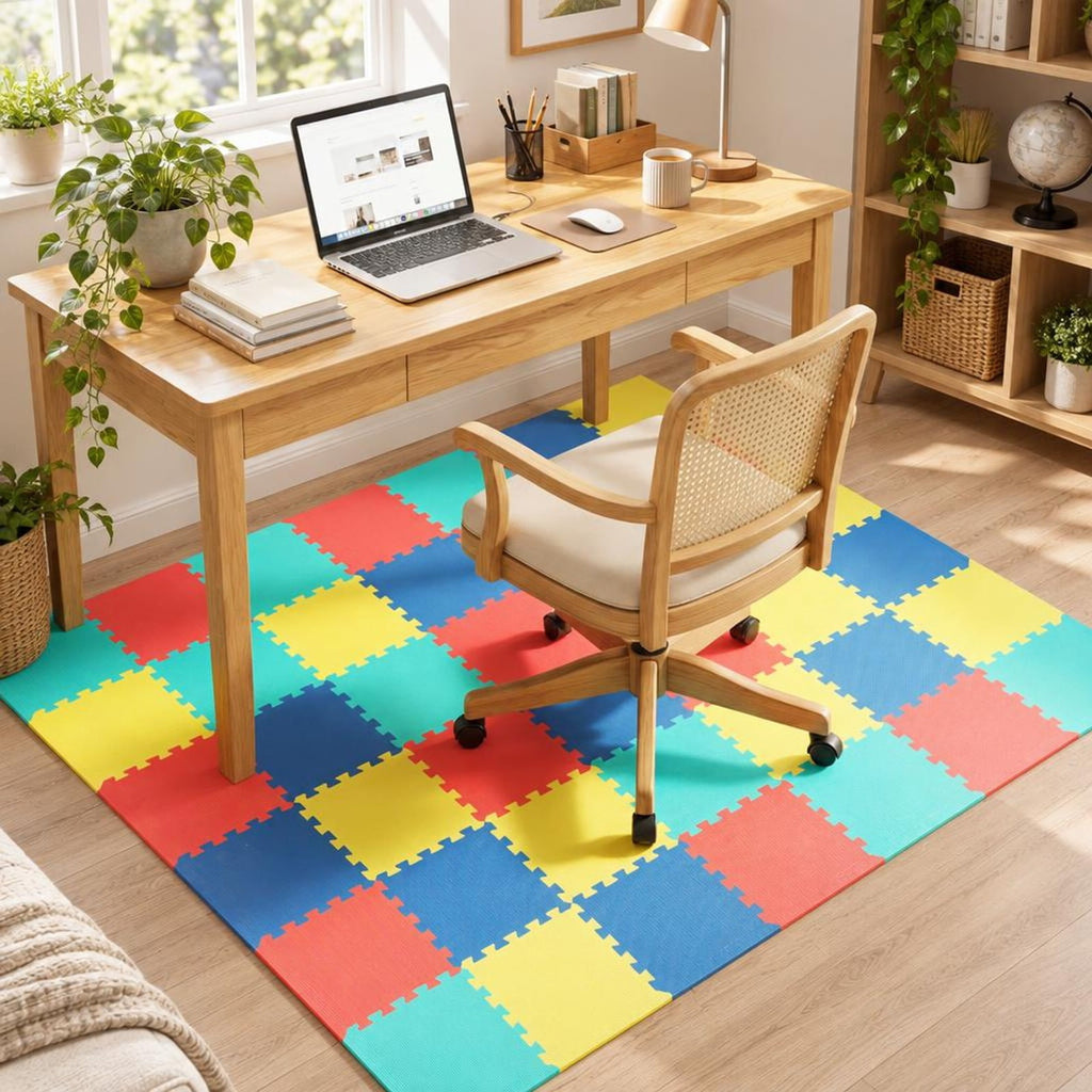Airfind 18 Pack Interlocking EVA Foam Floor Tiles with Boarders, EVA Foam Frame, 72 Inch x 37 Inch x 0.4 Inch Footprint, Multicolor