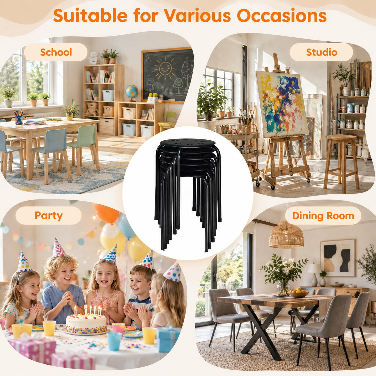 Airfind Set of 6 Portable Plastic Stack Stools, 220 lbs Capacity, Steel Frame, 14.5 x 14.5 x 17.5 Footprint, Black