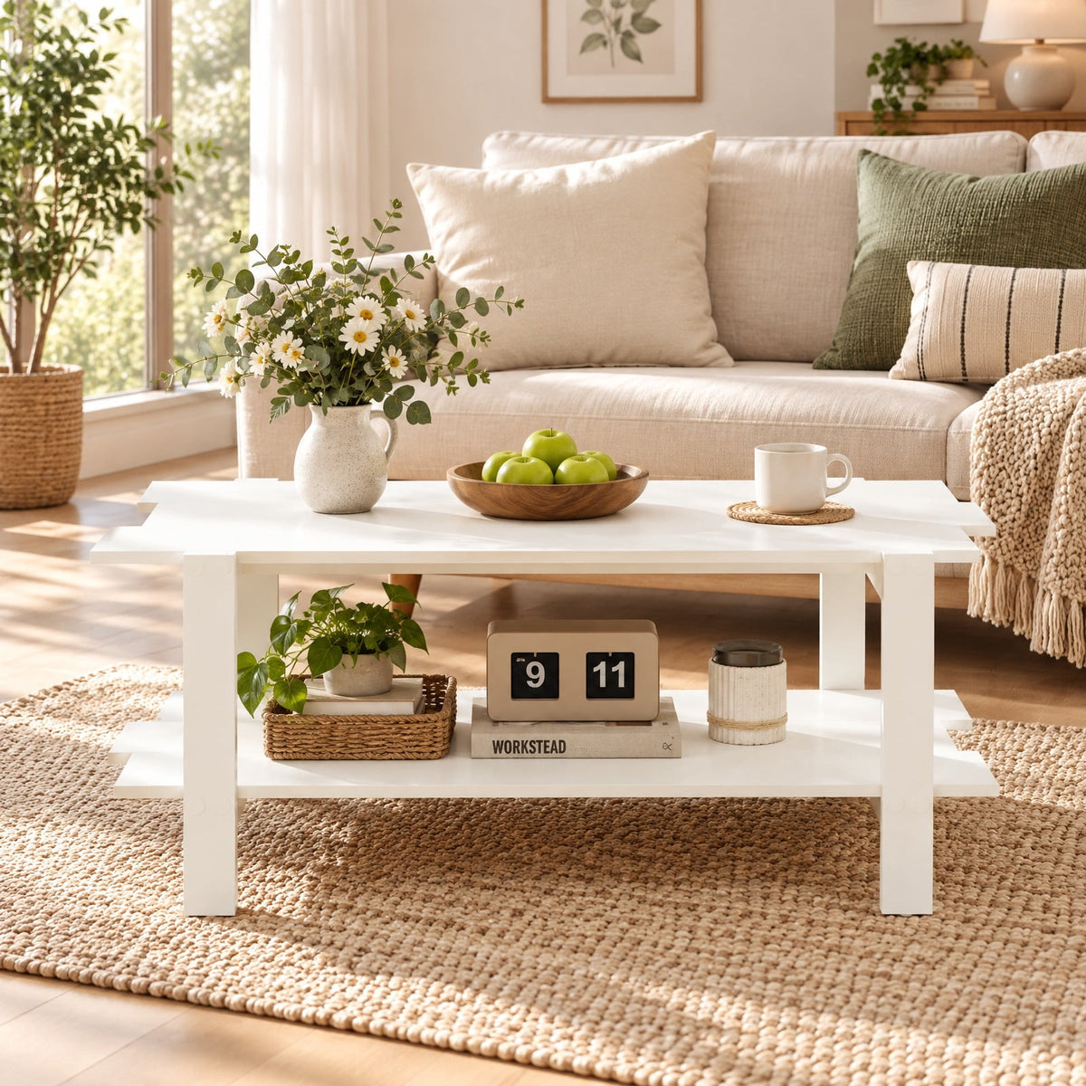 Airfind 2-Tier Coffee Table Slatted Wood Center Table with Storage Shelf, 135 lbs Capacity, Engineered Wood Frame, 45 x 23.5 x 18.5 Footprint