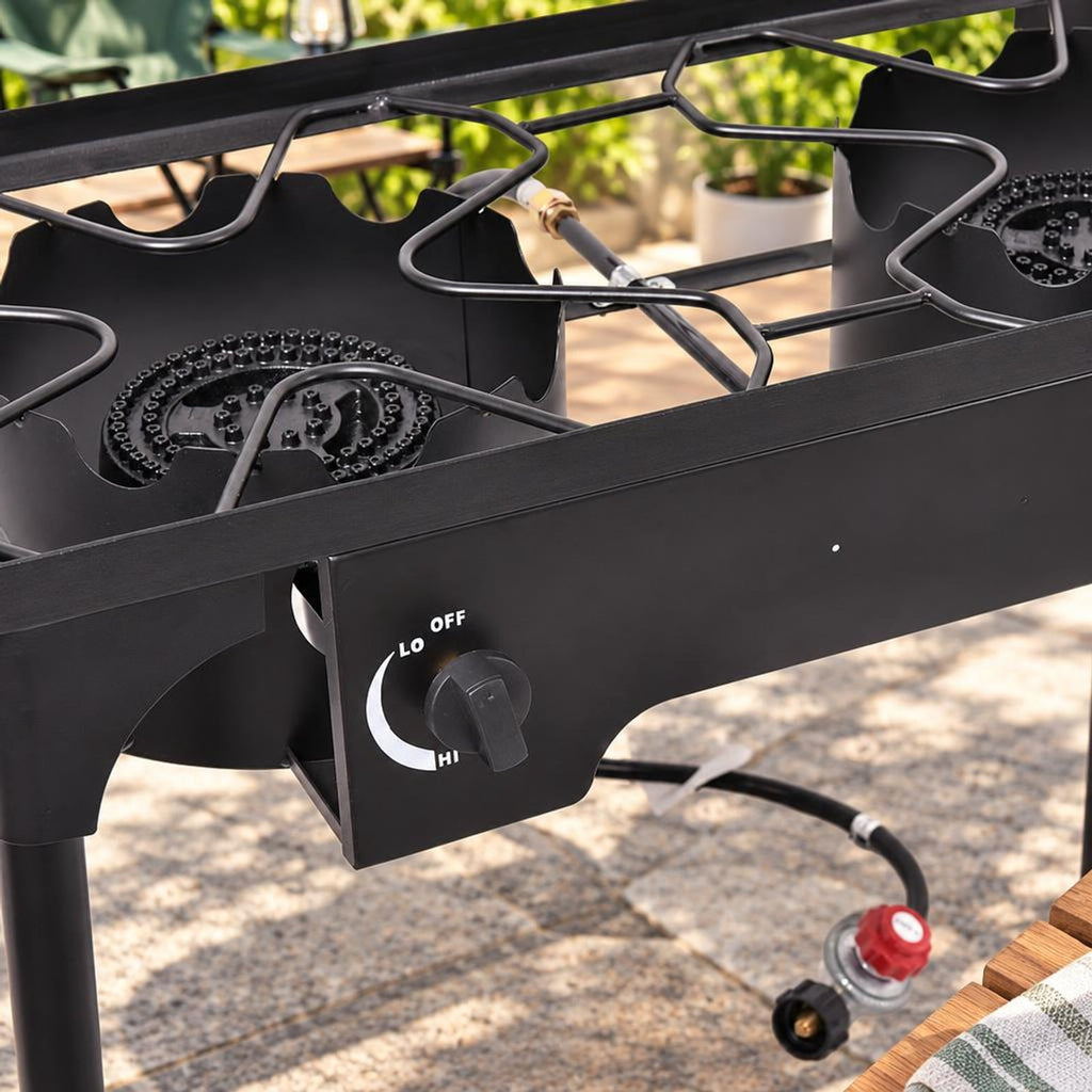 Airfind 150000 BTU Double Burner Outdoor Stove BBQ Grill, Cast iron Frame, 150 000 BTU of cooking power, Fully adjustable heat dial per burner