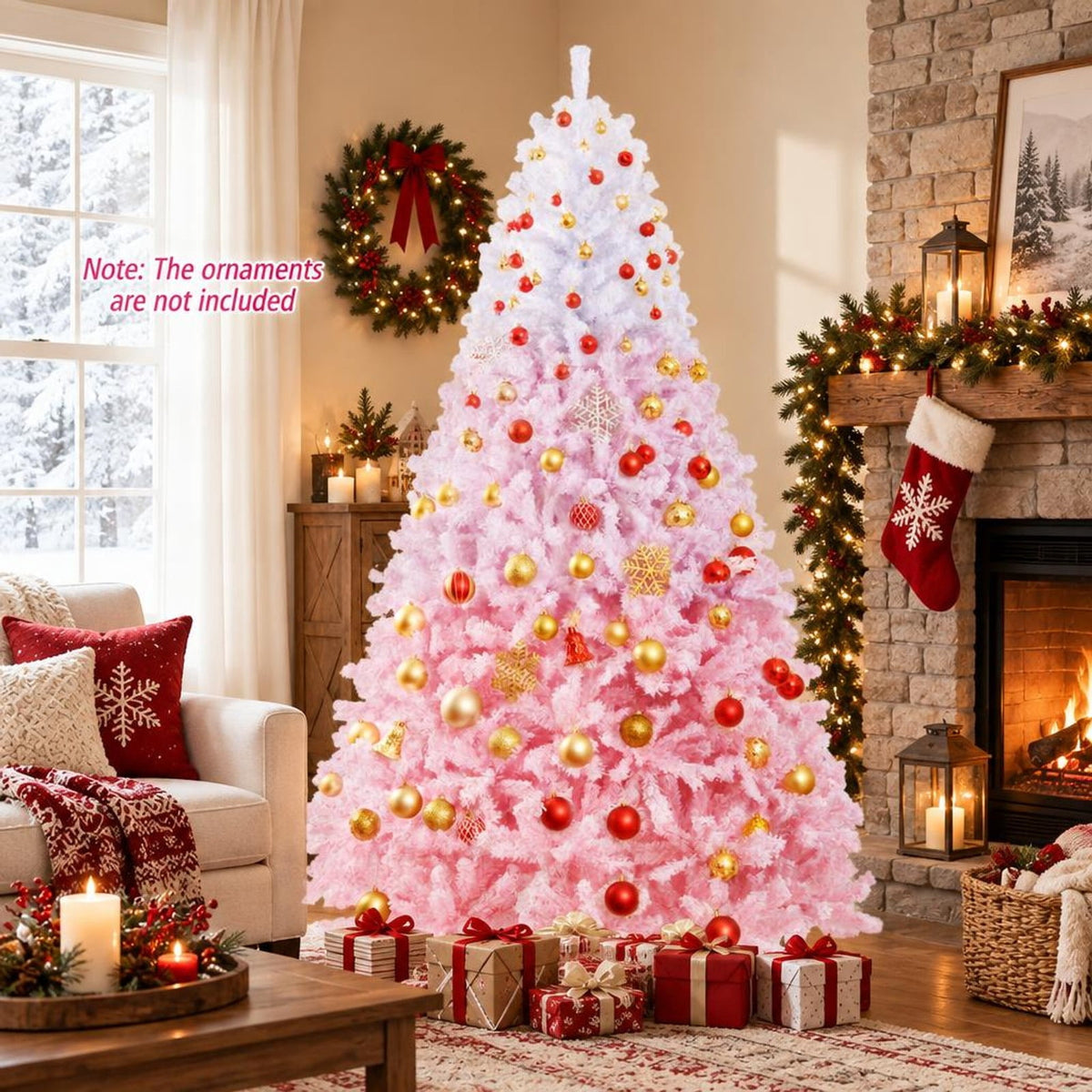 Airfind 8 FT Artificial Christmas Tree with Warm White LED Lights and 8 Modes for Holiday-8 Feet, PVC Metal Frame, Pink