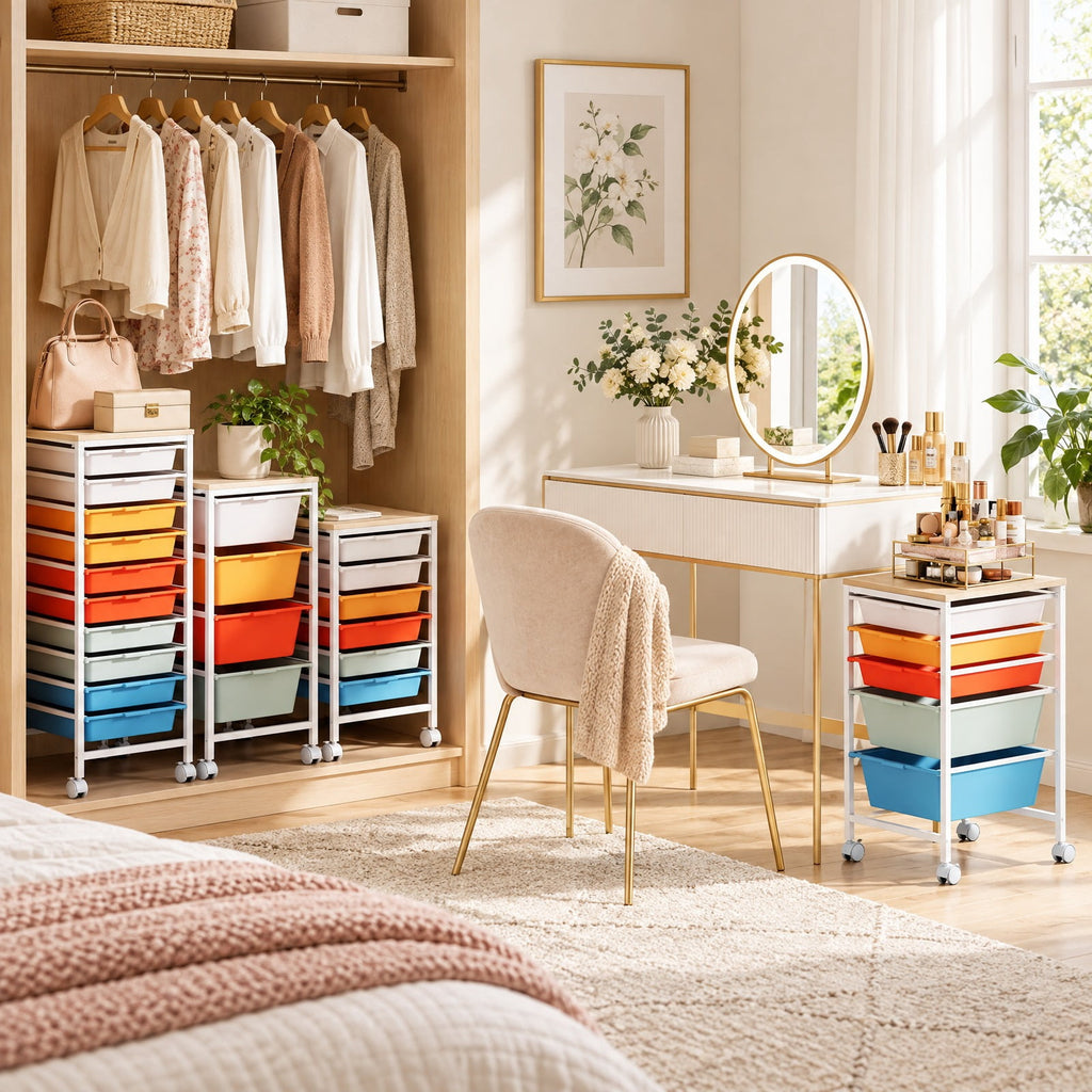 Airfind 6-Drawer Rolling Storage Cart with Wooden Tabletop, 35 lbs Capacity, MDF PP Metal, 14.5 Inch x 13 Inch x 22.5 Inch , Natural + White