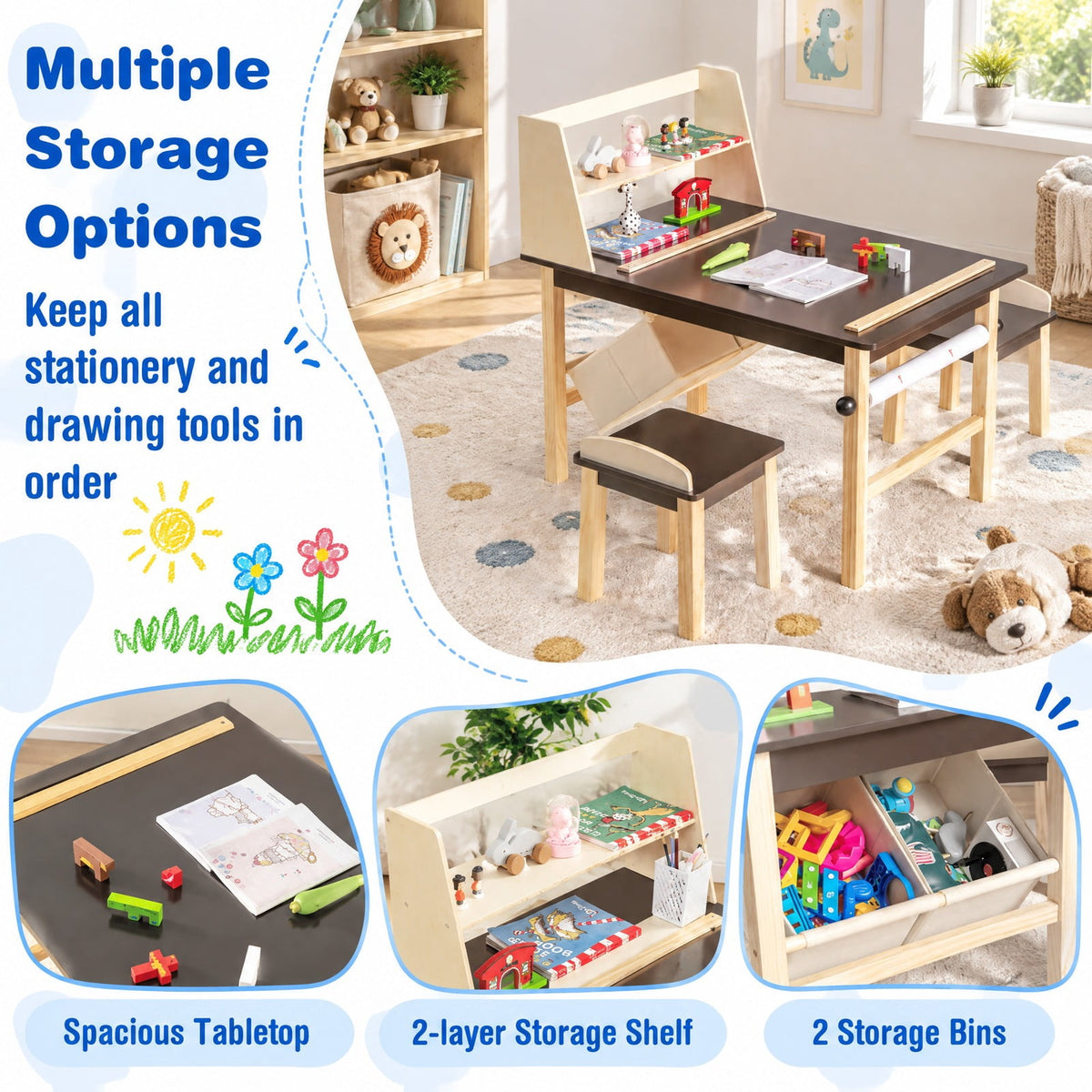 AIRFIND Kids Art Table and Two Chairs with Paper Roll, Raised Storage Shelf and Bins, Pine Wood Legs for Ages 3 and Up, Coffee and Natural