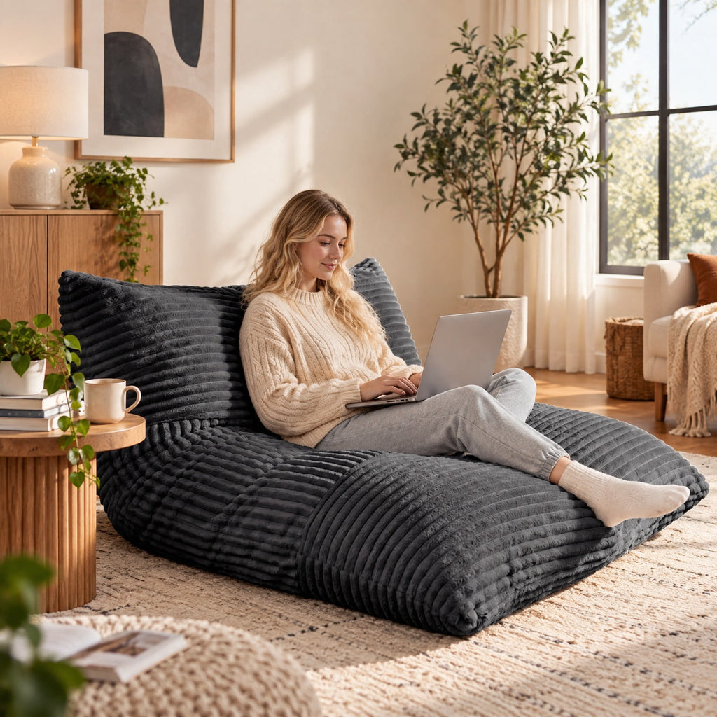 Airfind Convertible Bean Bag Floor Sofa with Machine-washable Corduroy Cover, Corduroy Fabric Sponge Frame, 76.5 x 55 x 7.5 Footprint, Dark Gray