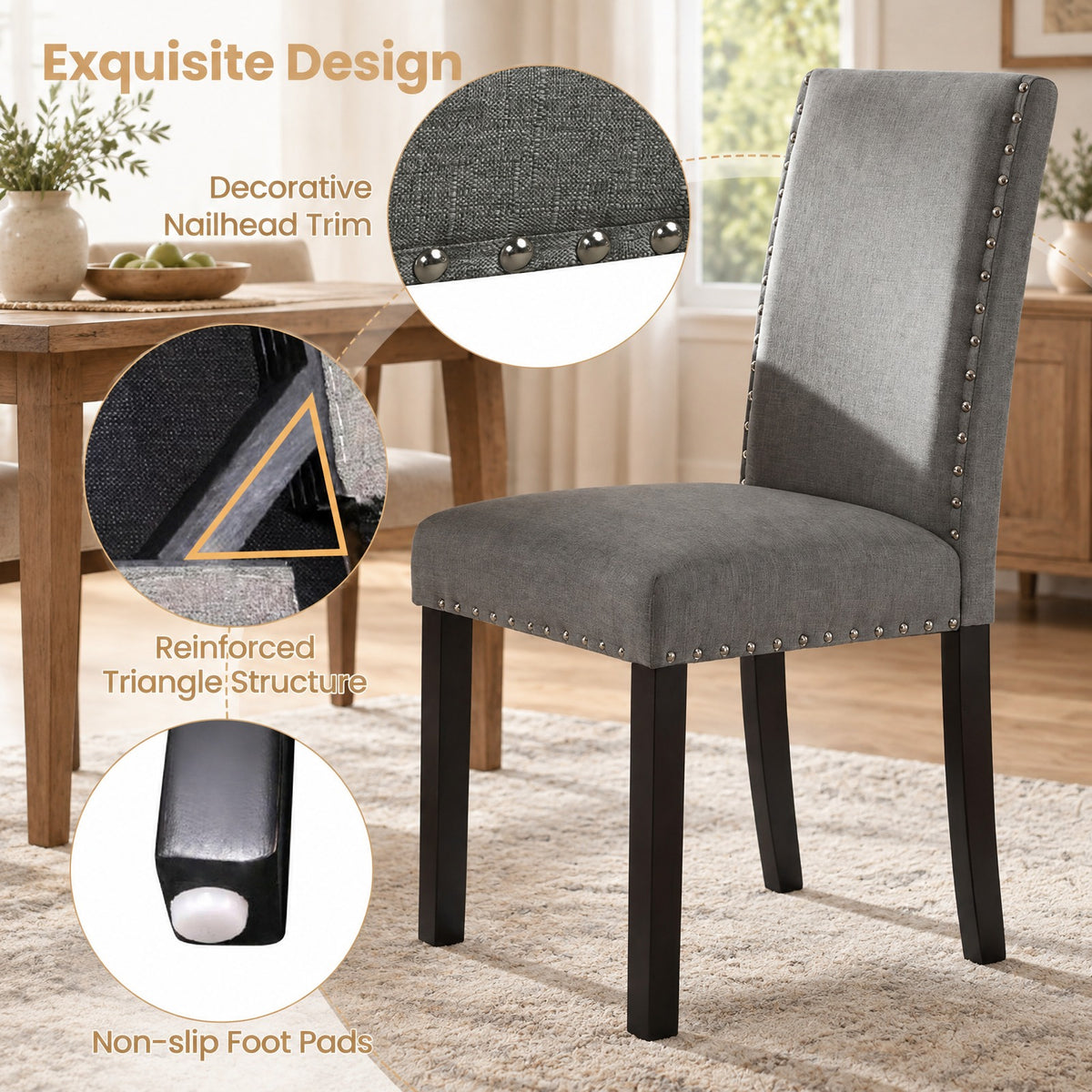 Airfind Dining Chairs Set of 2 Upholstered Accent Chairs with Bent Wood Legs and Nailhead Trim for Kitchen Cafe, 400 lb, Gray