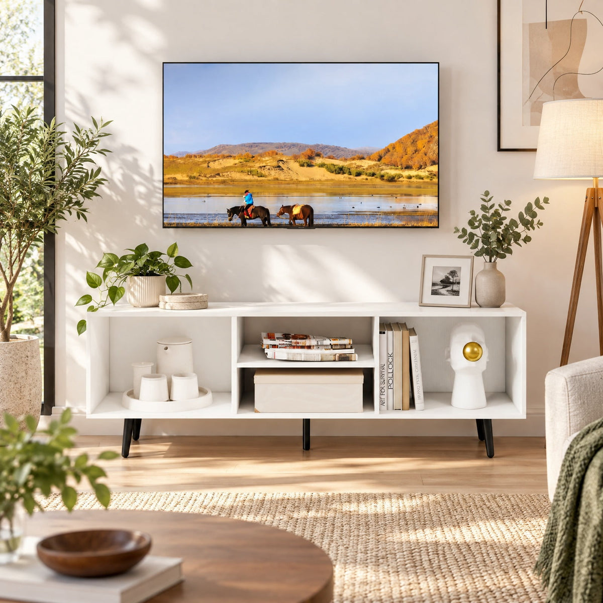 Airfind 47.5 Inches TV Stand for 55-Inch TV with Compartments and Metal Legs, 132 lbs Capacity, Engineered Wood MDF Metal Frame, White