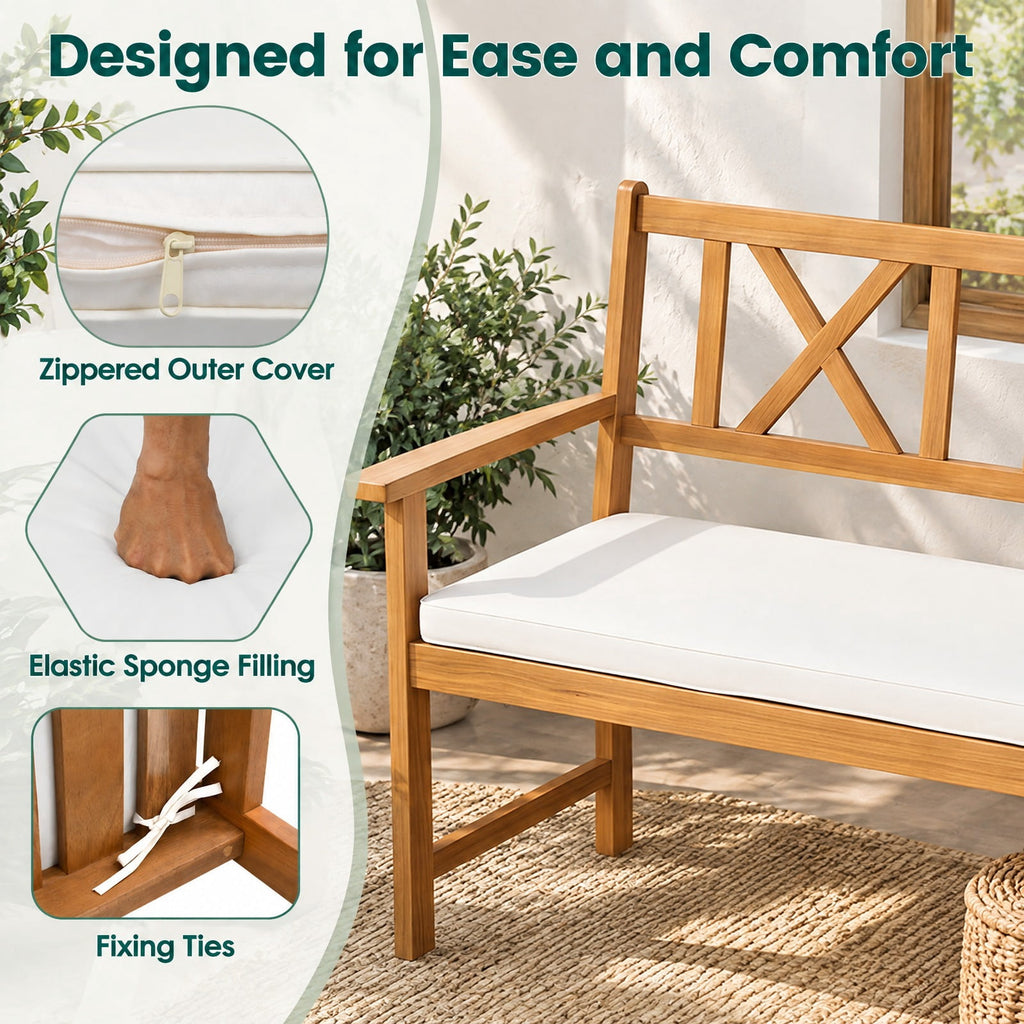 AIRFIND Patio Bench for Two with Acacia Wood Frame, X-Pattern Backrest and Removable Seat Cushion, 47 in Garden Seating, Natural and White