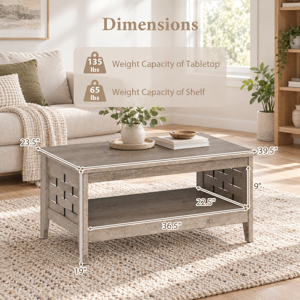 Airfind 2-Tier Farmhouse Coffee Table with Open Shelf and Woven Decorations for Living Room, 135 lbs Capacity, Engineered Wood MDF Frame, Coffee