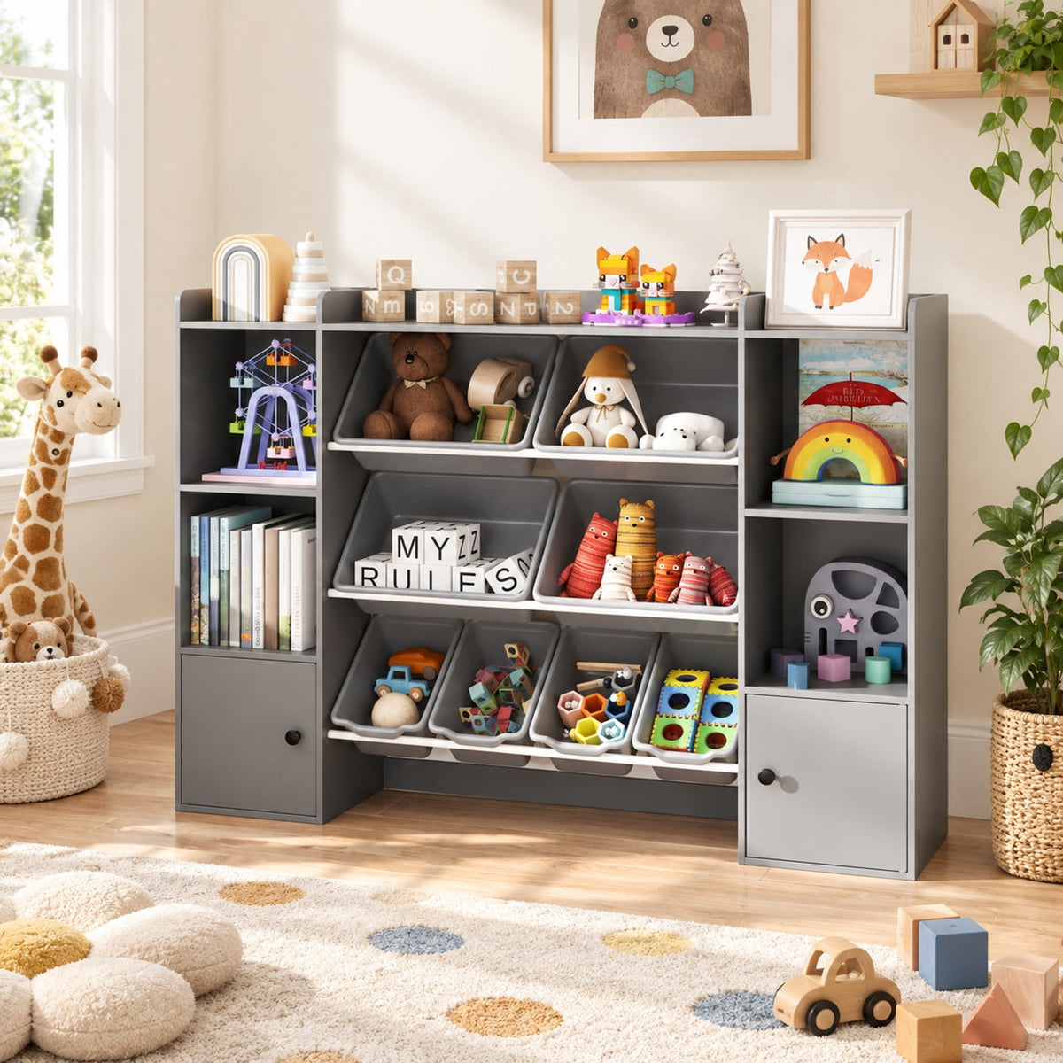 Airfind Kids Toy Storage and Bookshelf with Boxes and Open Shelves, 385 lbs Capacity, Engineered Wood Frame, for 3+ Years Old Total, Gray