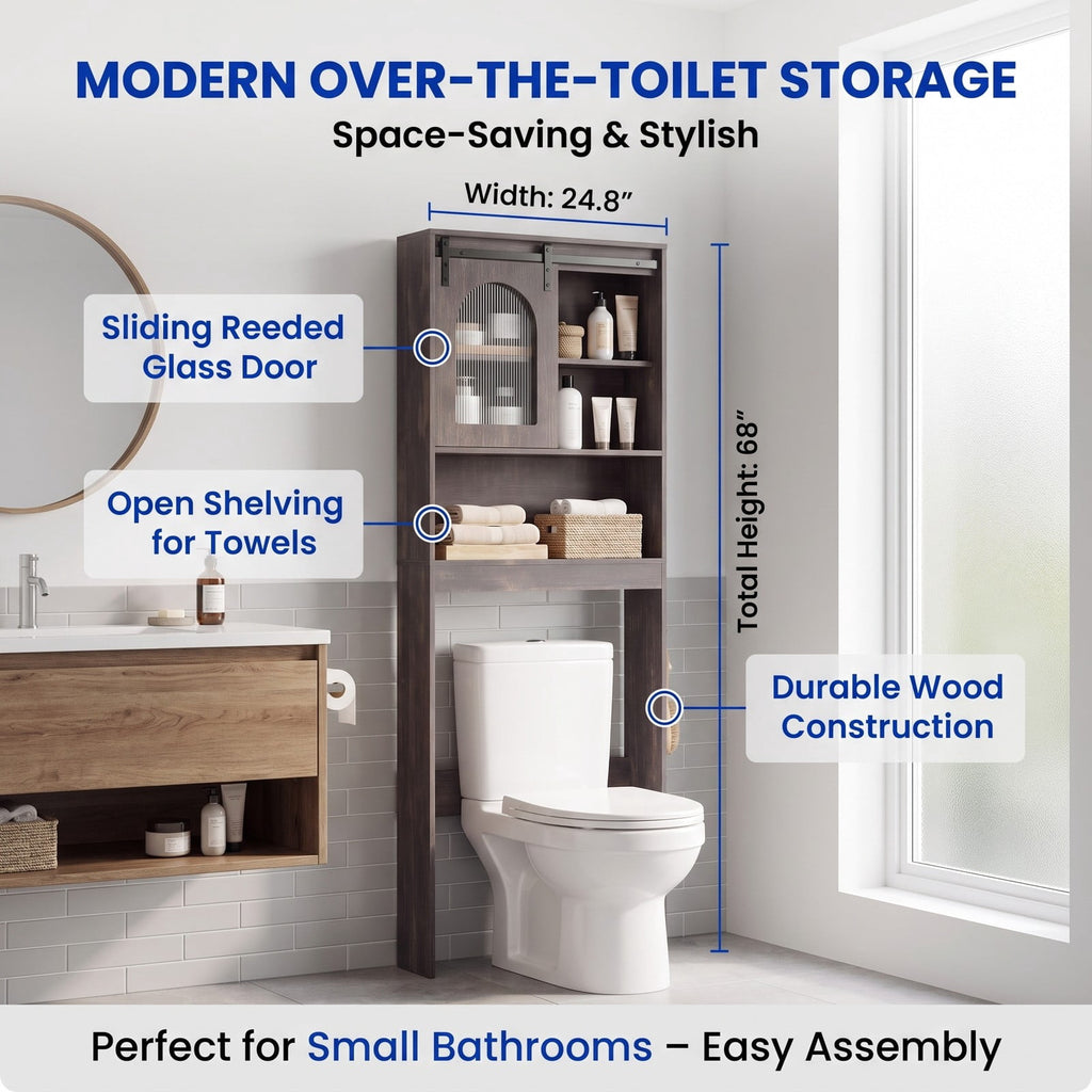 Airfind Over Toilet Storage Cabinet with Sliding Barn Door and Open Shelves for Bathroom, 44 lbs Capacity, Engineered Wood Frame, Black Oak