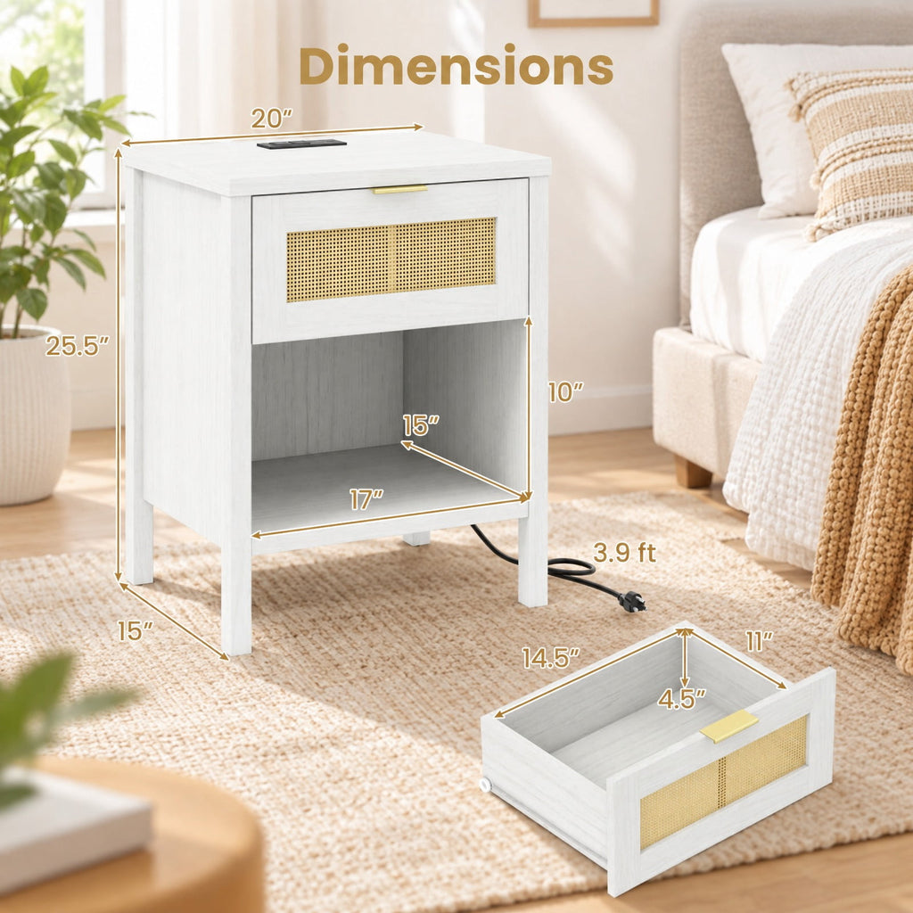 Airfind Rattan Nightstand with Charging Station and Storage Shelf for Bedroom, 88 lbs Capacity, Engineered Wood PVC Rattan Metal Frame, White
